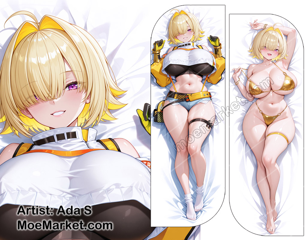 1girls, ada s, ai, ai generated, armpits, barefoot, blonde hair, breasts, dakimakura, dakimakura design, elegg (nikke), female, gloves, goddess of victory: nikke, golden bikini, huge breasts, looking at viewer, solo, thigh strap, thighs