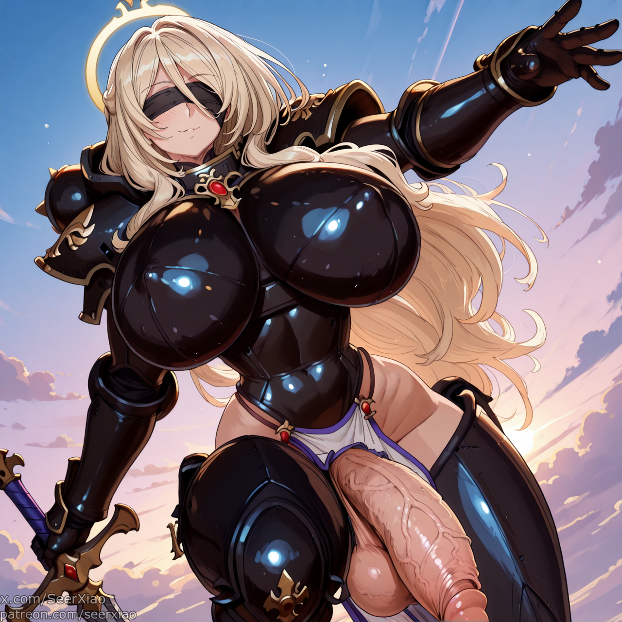 1futa, abs, ai generated, armor, below view, big breasts, big penis, breasts, flaccid, flaccid penis, futanari, goblin slayer, intersex, looking at viewer, narrow waist, penis, seerxiao, simple background, smile, sword maiden (goblin slayer)