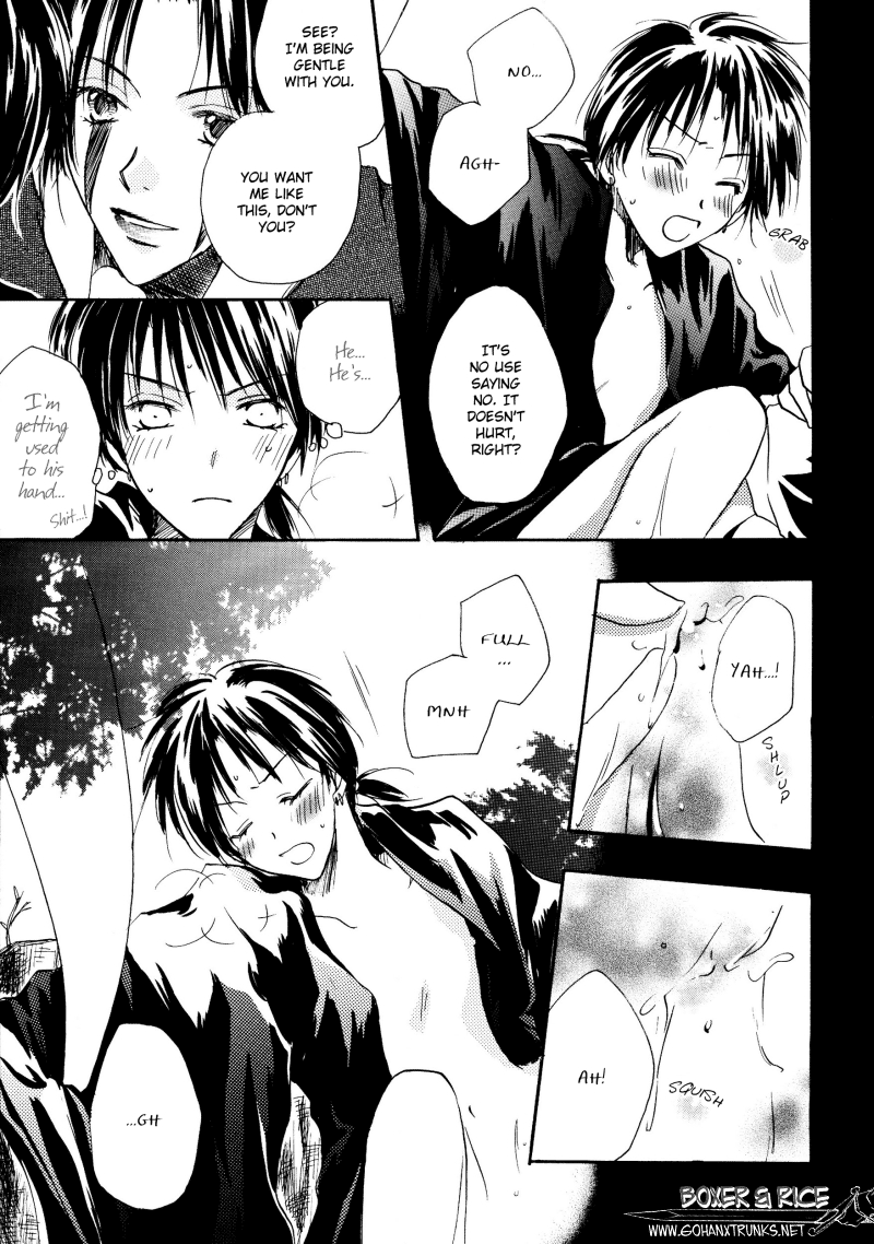 2boys chthonian_night comic doujin fujino_tsukiko gay injury inuyasha jakotsu male male_only male_rape_victim malesub miroku monochrome rape yaoi