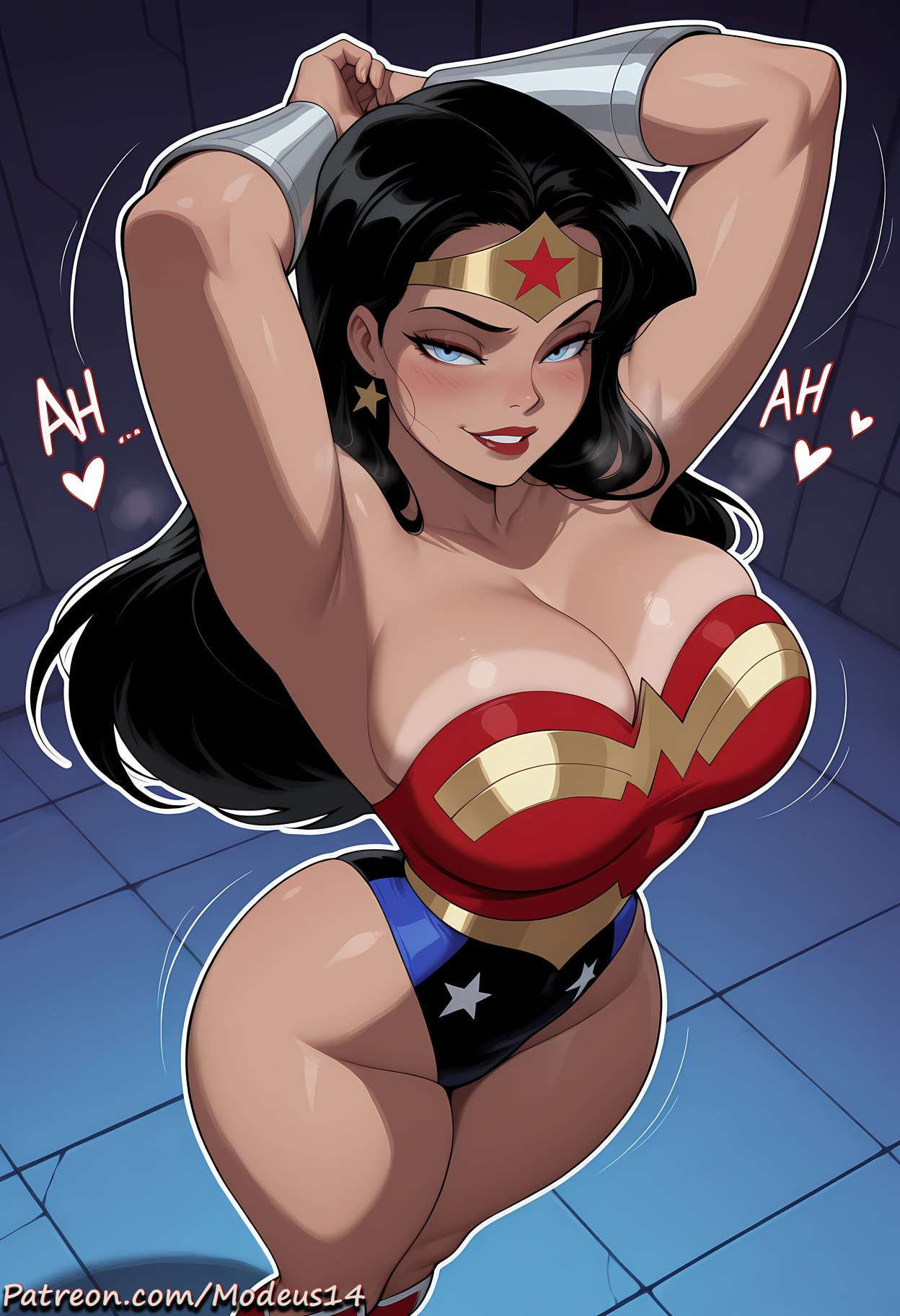 ai_generated armpits arms_up athletic_female bare_thighs black_hair blue_eyes dc dc_comics diana_prince gigantic_breasts huge_breasts huge_thighs justice_league_unlimited light-skinned_female light_skin long_hair looking_at_viewer massive_breasts mature_female modeus14 smiling solo_female squatting superheroine sweat sweatdrop thick_body thick_female thick_thighs thighs voluptuous voluptuous_female wonder_woman wonder_woman_(series)