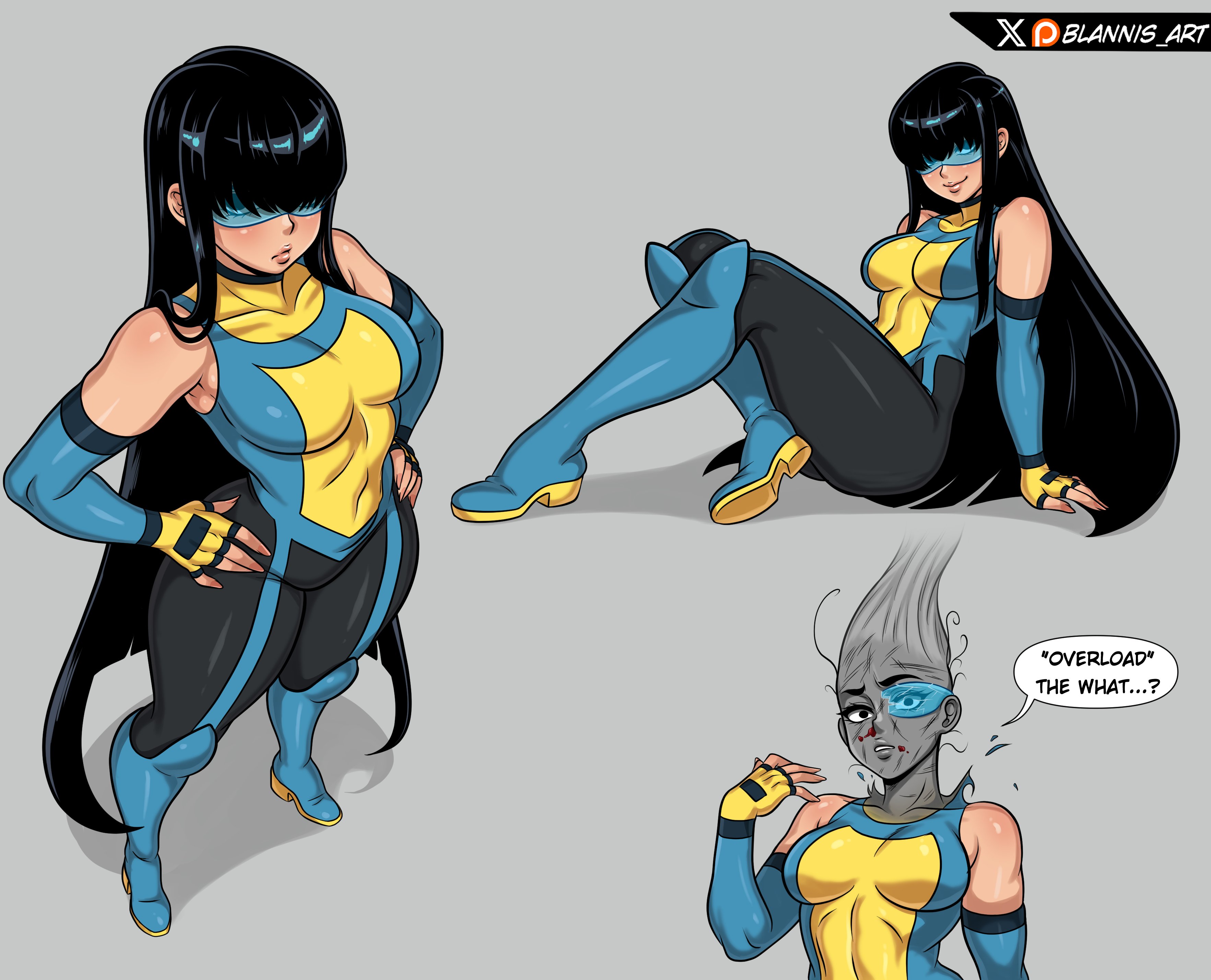 bald, black hair, blannis art, blood, burnt hair, clothed, clothed female, dust, female, female only, femvincible, fingerless gloves, genderswap, genderswap (mtf), gloves, grey background, hair loss, hair over eyes, haircut, invincible, invincible (superhero), long hair, long-haired mark (invincible), mark grayson, nose bleed, nosebleed, rule 63, simple background, solo, tinted eyewear, visor