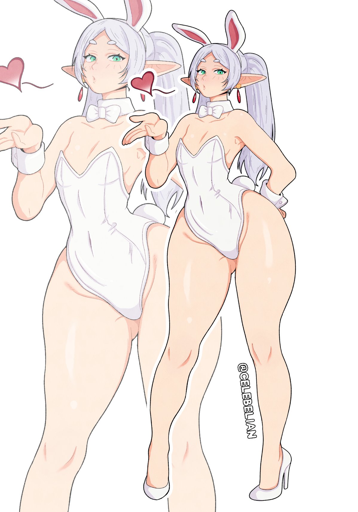 bunny ears, bunnysuit, celebelian, elf, female, female only, frieren, frieren beyond journey's end, large hips, large thighs, legs, leotard, looking at viewer, sousou no frieren, white hair
