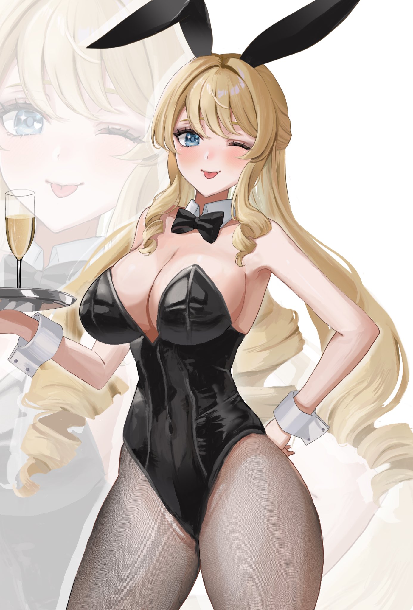 1girls, 2d, 2d (artwork), alternate costume, artist request, big breasts, black bunny ears, black bunnysuit, blonde hair, blue eyes, blush, breasts, bunny ears, bunnysuit, champagne, champagne glass, cleavage, covered breasts, cup, female, female focus, female only, front view, genshin impact, high resolution, highres, holding object, hourglass figure, light skin, light-skinned female, long hair, looking at viewer, navia (genshin impact), one eye closed, sexy, simple background, slim female, smiling, smiling at viewer, solo, solo female, solo focus, standing, tight clothing, white background, young, younger female