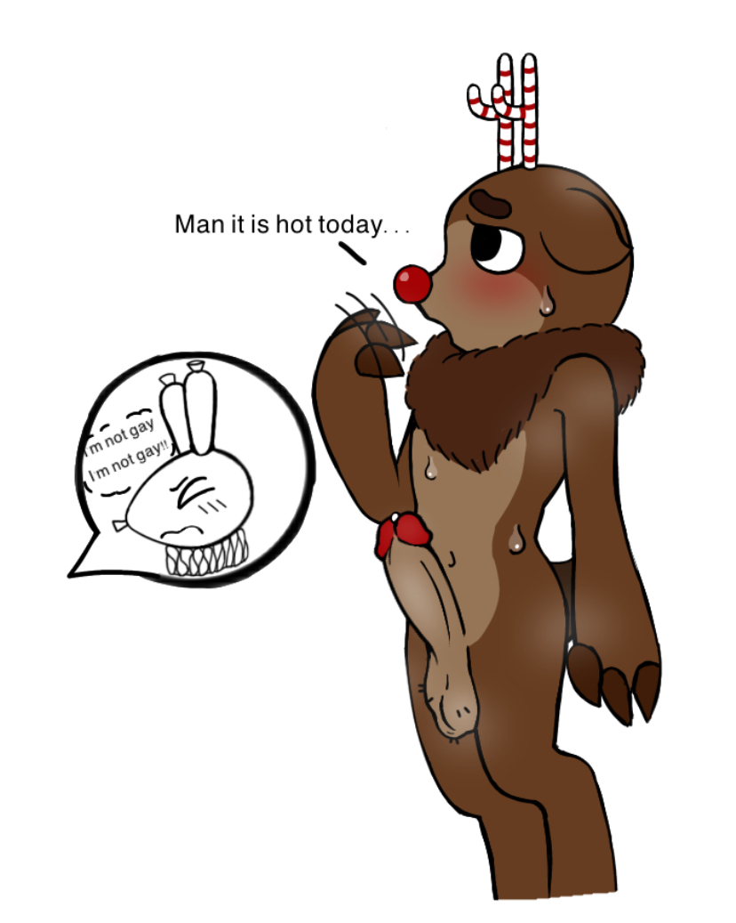 artist request, balls, brown fur, dandy's world, erection, gay, hairy balls, looey (dandy's world), male, male only, musk clouds, red nose, reindeer, rudie (dandy's world), sagging balls, sweat, sweating, sweaty, sweaty body, text