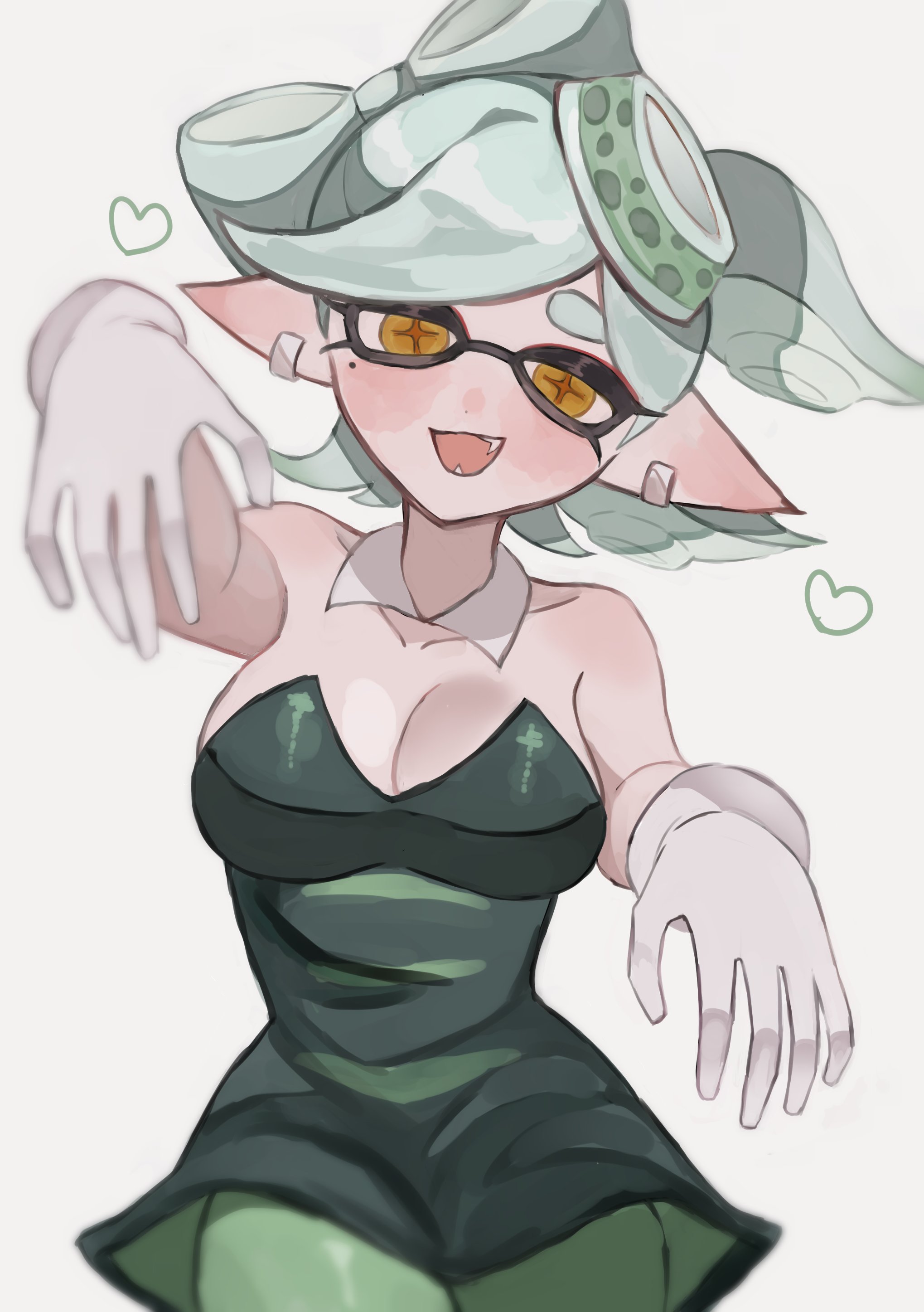 1girls, blush, breasts, cleavage, detached collar, female, gloves, hair, hair ornament, inkling, inkling girl, large breasts, marie (splatoon), mole, mole under eye, nintendo, open mouth, pointy ears, simple background, smchan hll, solo, solo female, solo focus, splatoon, splatoon (series), tentacle hair, tongue, white background, white gloves, yellow eyes