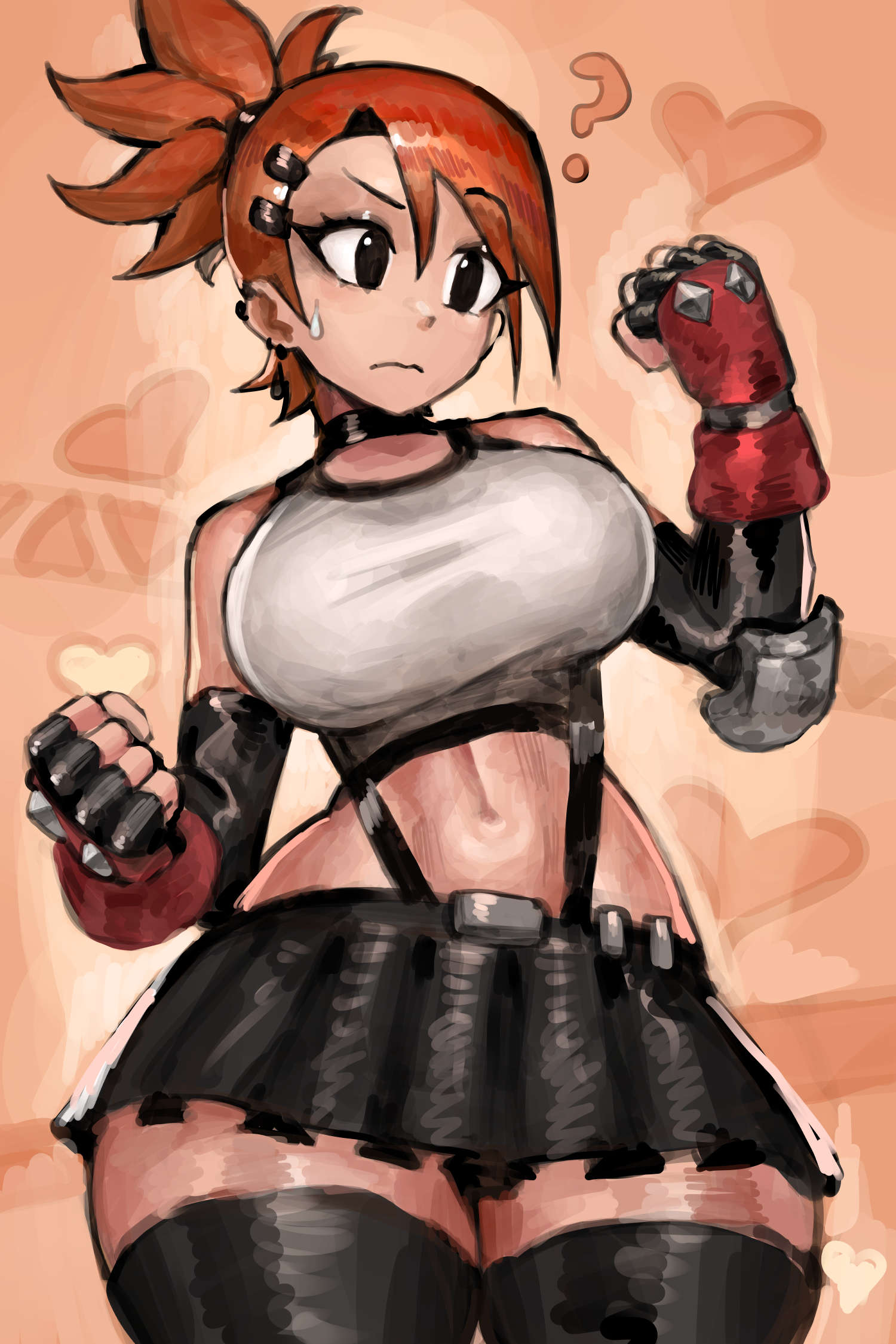 ?, 1girls, 2025, 2d, 2d (artwork), 2d artwork, ass, big ass, big breasts, breasts, cartoon network, choker, clothed, clothed female, clothing, confused, confused look, confusion, crop top, crossover, cute, female, female focus, female only, final fantasy, final fantasy vii, foster's home for imaginary friends, frankie foster, fully clothed, fully clothed female, garter, garter belt, garter straps, garters, gauntlets, hairclip, heart, heart symbol, hearts around body, hearts around head, light skin, light-skinned female, red hair, red-haired female, redhead female, saiykik, skirt, solo, solo female, solo focus, square enix, sweat, sweatdrop, sweating, sweaty, sweaty face, tank top, thick thighs, thighs, tifa lockhart (cosplay), tight clothing, warner bros, warner brothers, weapon