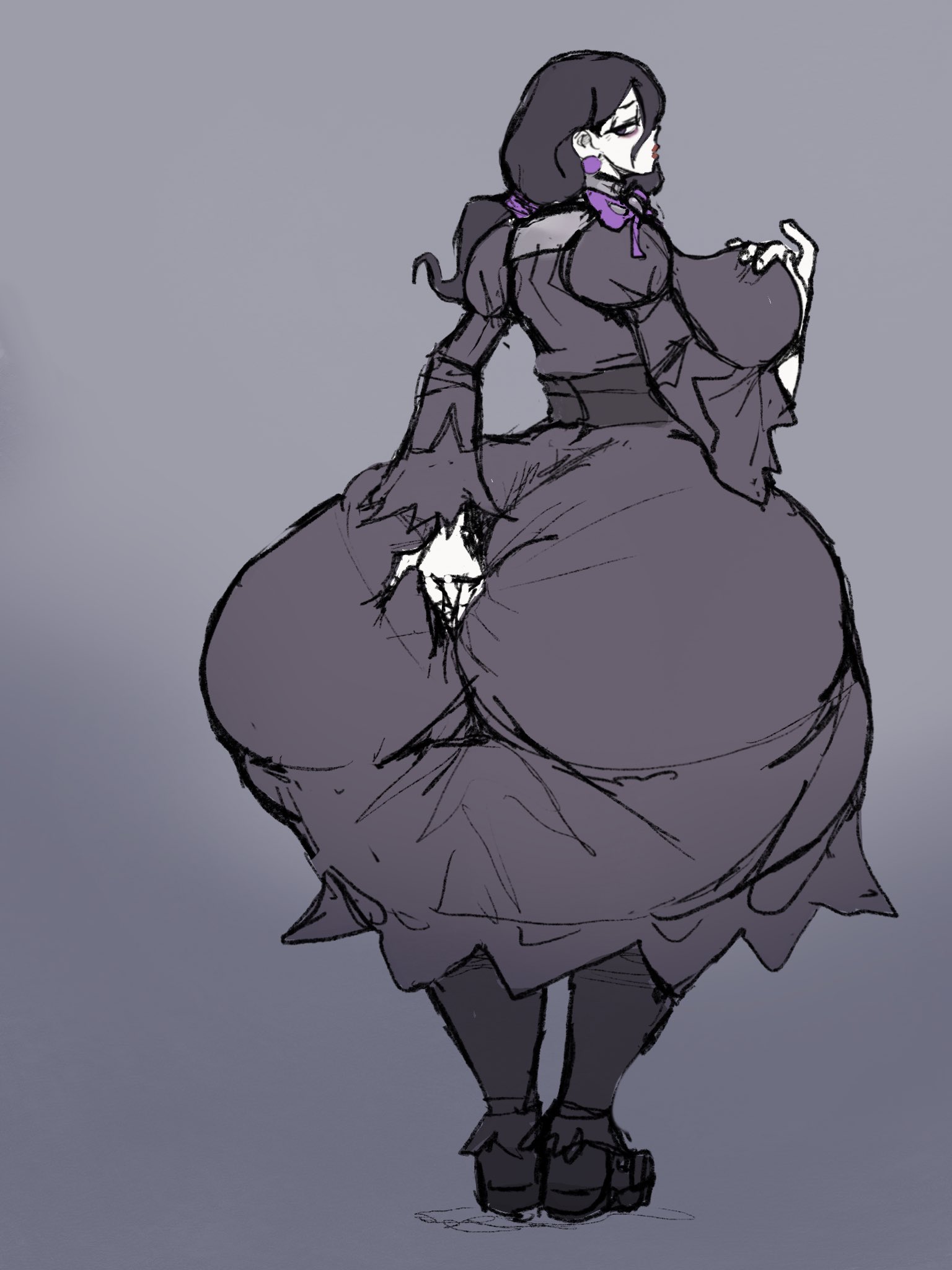 1girls, 5 fingers, ass, ass bigger than head, ass body, ass in dress, ass itching, breasts, butt digging, colored sketch, digging up in they ass, dress, female, female only, fondling breast, game freak, gradient background, hex maniac, hex maniac (pokemon legends: z-a), huge ass, huge breasts, massive ass, pokemon, seynsin (artist), sketch, solo, thick thighs, wide hips