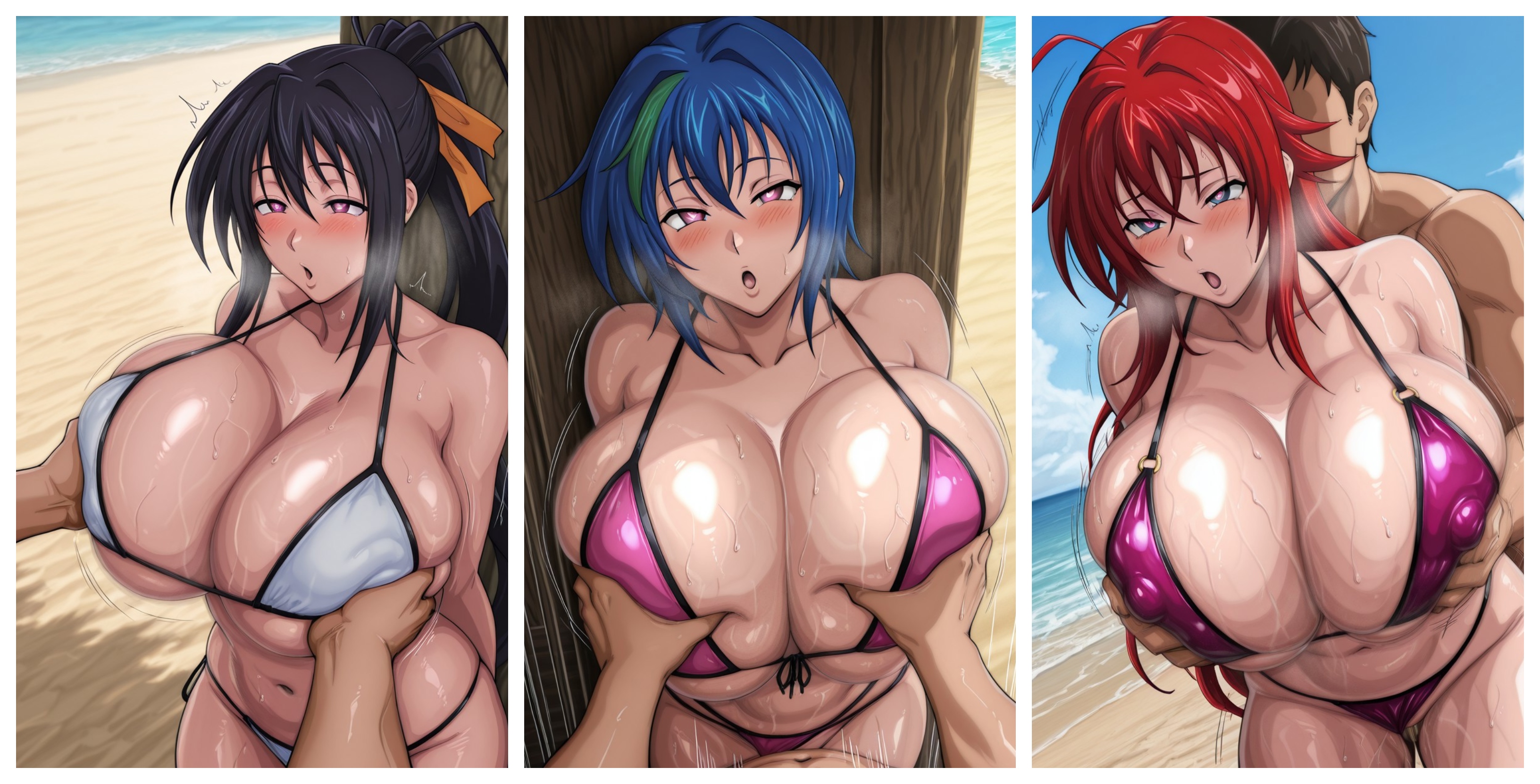 ai generated, akeno himejima, beach, bikini, black hair, blue hair, breast grab, breasts, female, groping, high school dxd, male, red hair, rias gremory, take your pick, xenovia quarta