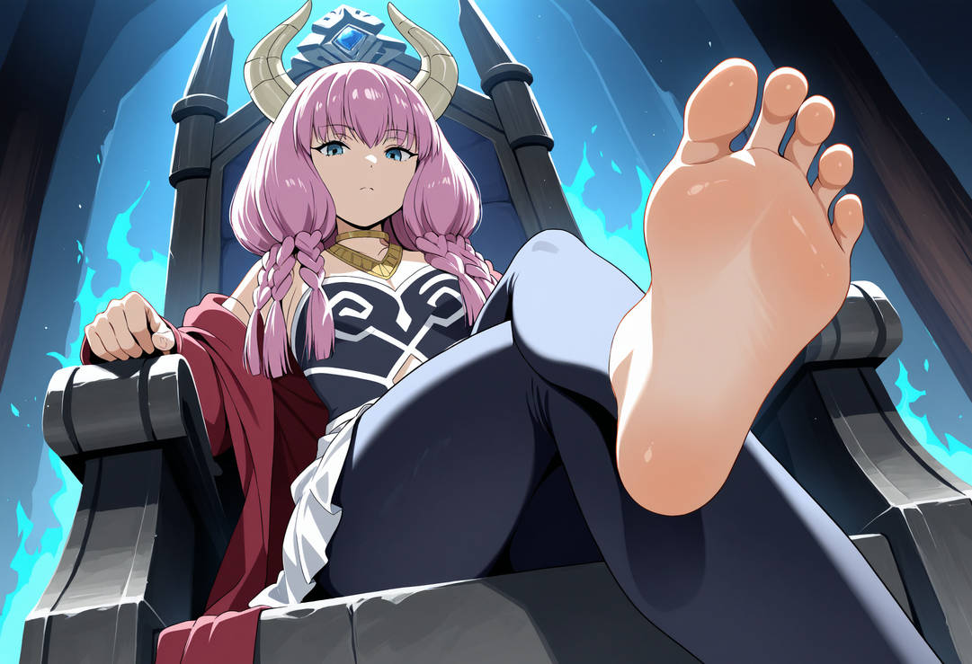 ai_generated aura_(sousou_no_frieren) bare_shoulders barefoot blue_eyes demon demon_girl demon_horns feet feet_focus foot_fetish foot_focus horns looking_at_viewer looking_down low-angle_view pink_hair sitting sitting_on_chair sitting_on_throne soles sousou_no_frieren throne throne_room toes
