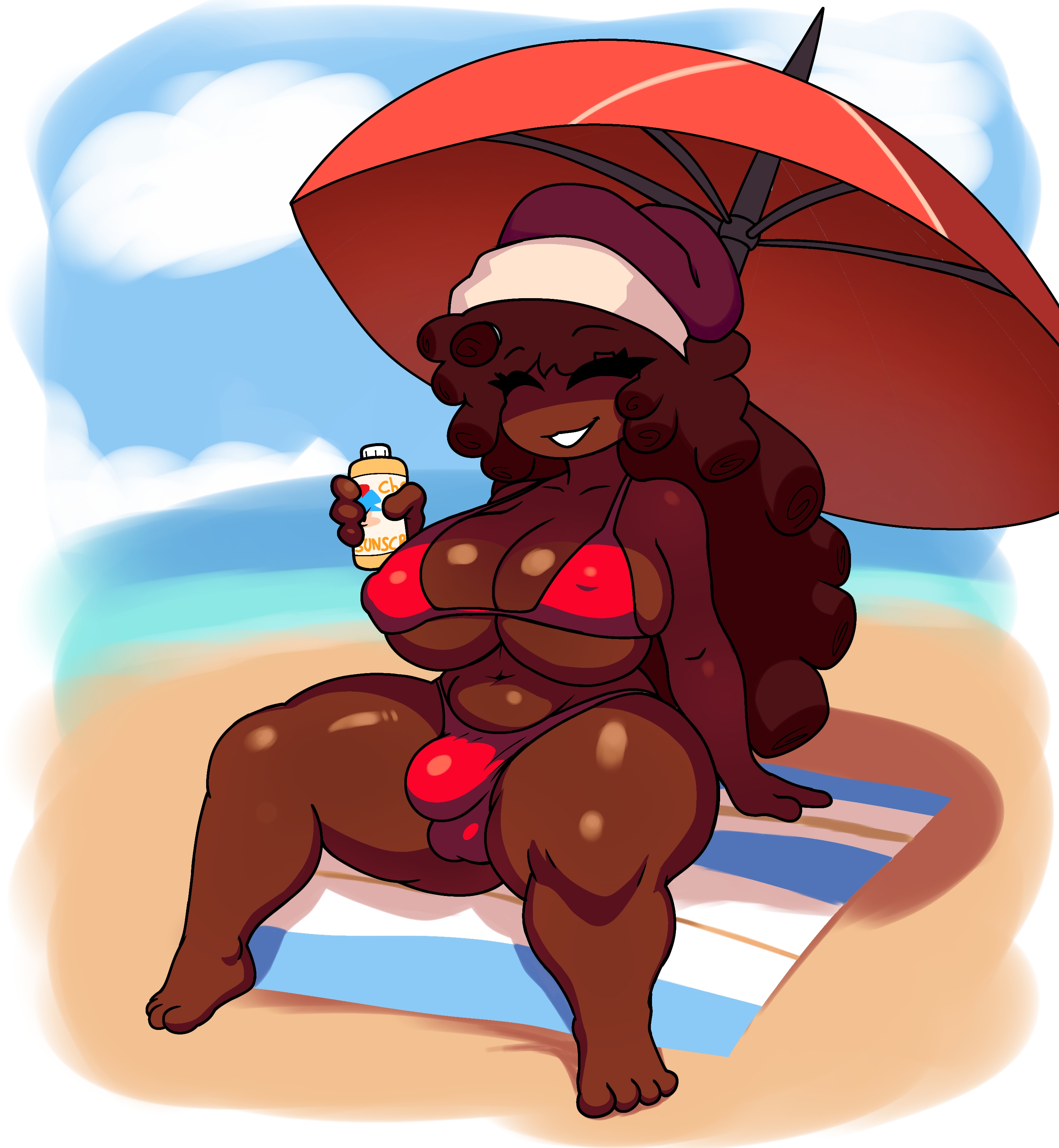 1futa, 2025, ass, background, balls, beach, big breasts, bikini, black eyes, black girl, black hair, breasts, brown body, brown hair, brown nipples, bulge, clothed, clothing, commission, dark skin, dark-skinned futa, erection, feet, female, flaccid, fnf mods, friday night funkin, friday night funkin mod, futa mommy gf, futa only, futadom, futanari, girlfriend (friday night funkin), human, hypnos lullaby, intersex, kiwines12, large ass, large breasts, large penis, lullaby girlfriend (fnf redesign), lullaby girlfriend (fnf), mostly nude, naked, penis, puffy nipples, red bikini, red hat, redesign, sitting, smile, smiling at viewer, solo, solo female, solo futa, sunscreen, testicles, thick thighs, towel, umbrella
