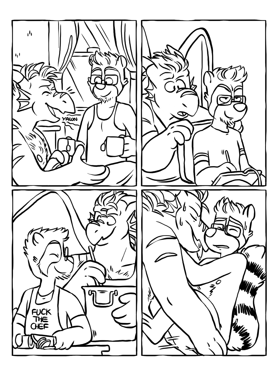 2boys anal apron chest_hair clothing comic cup dragon eyeswear facial_hair fluffy_tail furry gay glasses male male_only monochrome no_humans red_panda sex slice_of_life sweat text tongue vasuki