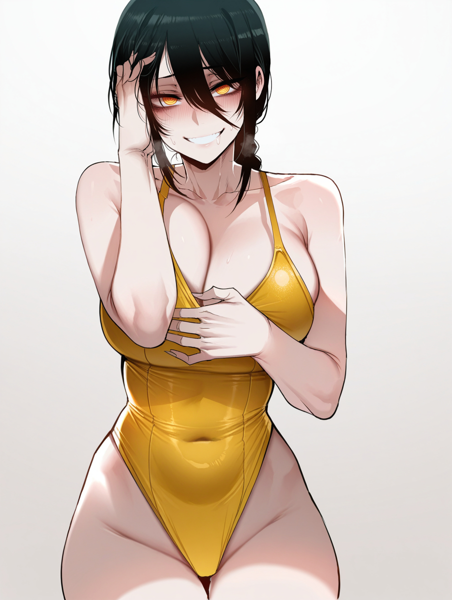 1girls, aged up, ai generated, black hair, chainsaw man, female, nayuta (chainsaw man), one-piece swimsuit, solo, swimsuit, yellow eyes, yellow one-piece swimsuit, zloimakak