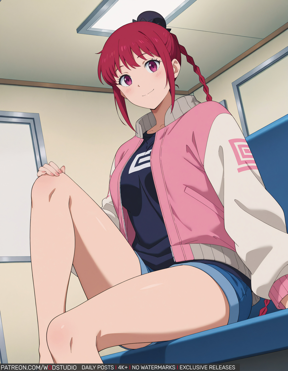 ai generated, bangs, bare legs, black shirt, blue shorts, blush, bow, braid, braided ponytail, breasts, closed mouth, clothing, denim, denim shorts, female, hair ornament, hairbow, hand on own knee, hand on own leg, high resolution, hood, hoodie, indoors, jacket, knee up, legs, letterman jacket, long hair, long sleeves, looking at viewer, lu shaotang, medium breasts, open clothes, open jacket, pink jacket, ponytail, red eyes, red hair, sakamoto days, shirt, short shorts, shorts, sidelocks, sitting, smile, solo, thighs, tied hair, window, wodstudio