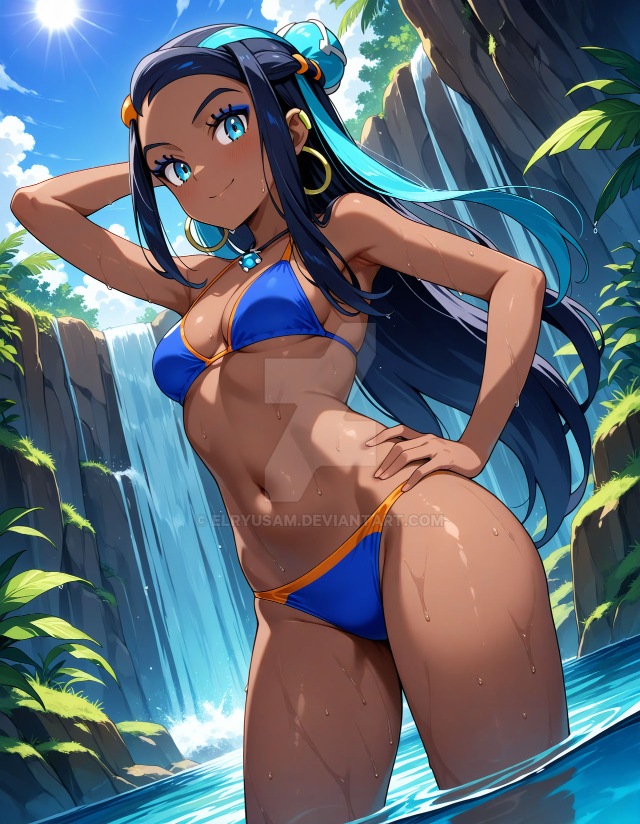 1girls, 2025, 4kids entertainment, ai generated, anime, belly, bikini, blue bikini, blue collar, blue eyebrows, blue eyes, blue-haired female, brown body, brown skin, deviantart, elryusam, female, female only, forest, golden earrings, hand on hair, hand on hip, meta, mouth closed, nessa (pokemon), nintendo, not porn, orange cheeks, pokemon, solo, tummy, waterfall, wet bikini, wet body, wet skin