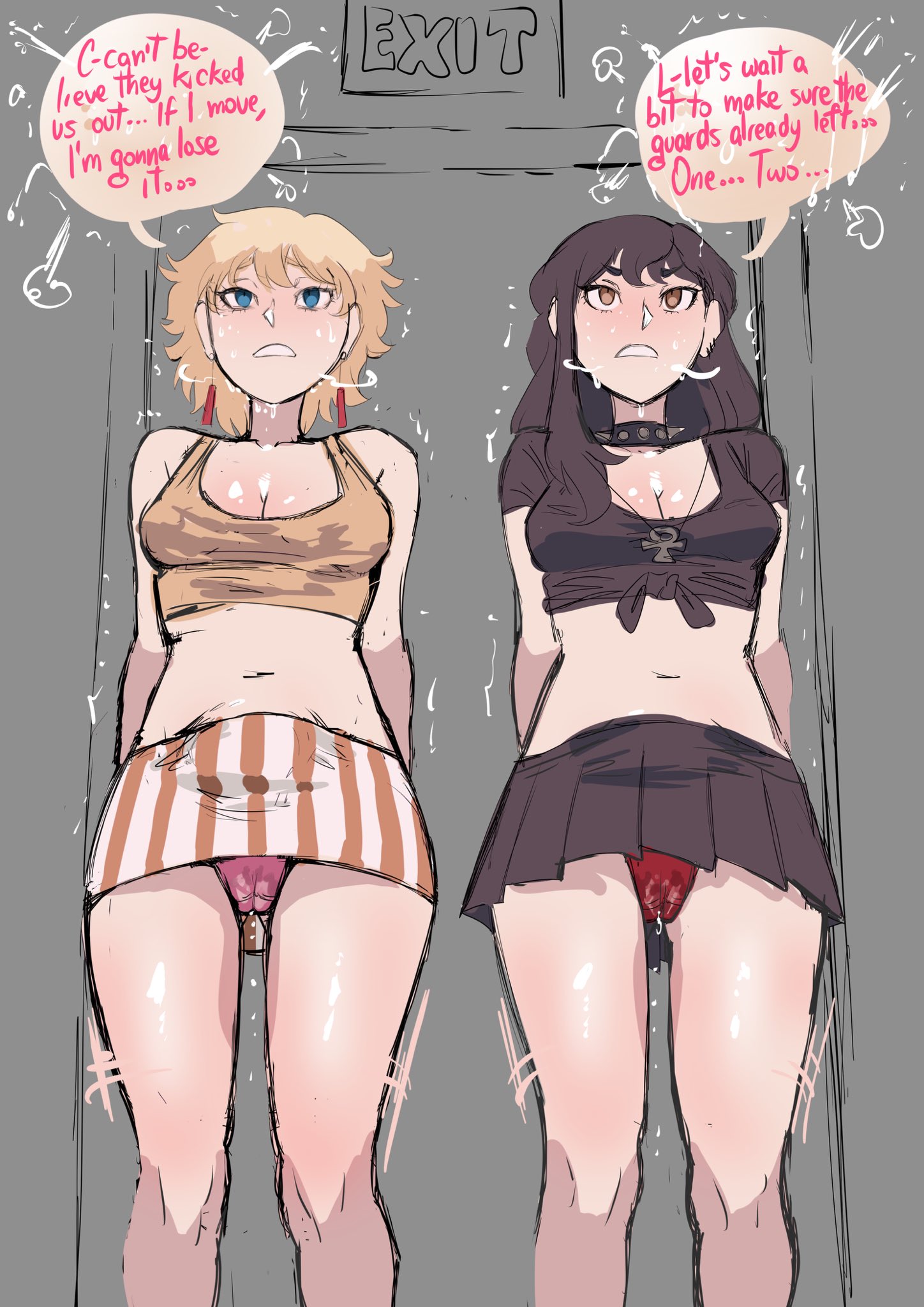 2girls, bella (biku), beth (biku), biku, black hair, black shirt, black skirt, bladder bulge, blonde hair, blue eyes, blush, breasts, brown eyes, cleavage, clenched teeth, earrings, english text, exit sign, female, have to pee, long hair, navel, necklace, original, panties, pantyshot, pantyshot (standing), pink panties, pink underwear, red panties, red underwear, shirt, short hair, skirt, speech bubble, spiked collar, stained panties, striped skirt, sweatdrop, text, text bubble, thighs, tied shirt, underwear, upskirt, wet, wet panties