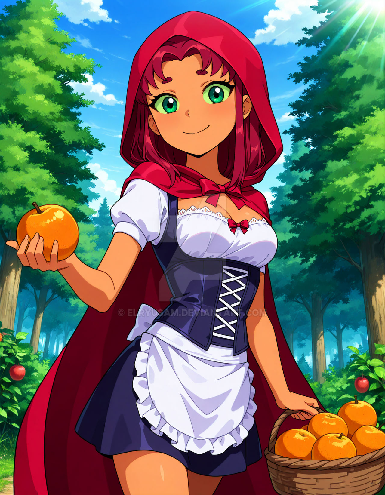 2025 ai_generated cartoon_network dc dcau deviantart elryusam fairy_tales forest green_eyes holding_basket holding_fruit little_red_riding_hood little_red_riding_hood_(copyright) little_red_riding_hood_(cosplay) maid_uniform meta mouth_closed not_porn orange_(fruit) orange_body orange_cheeks orange_skin red_cape red_eyebrows red_hair_female starfire_(teen_titans) teen_titans