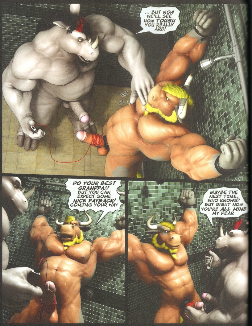 3d abs balls beard biceps big_balls big_muscles black_hair blonde_hair bondage bound bovine braford cattle comic dialog electrostimulation english_text erection facial_hair gay hair male mohawk muscles nipples nude pecs penis precum red_hair rhinoceros sex sex_toy standing sweat text tile uncut