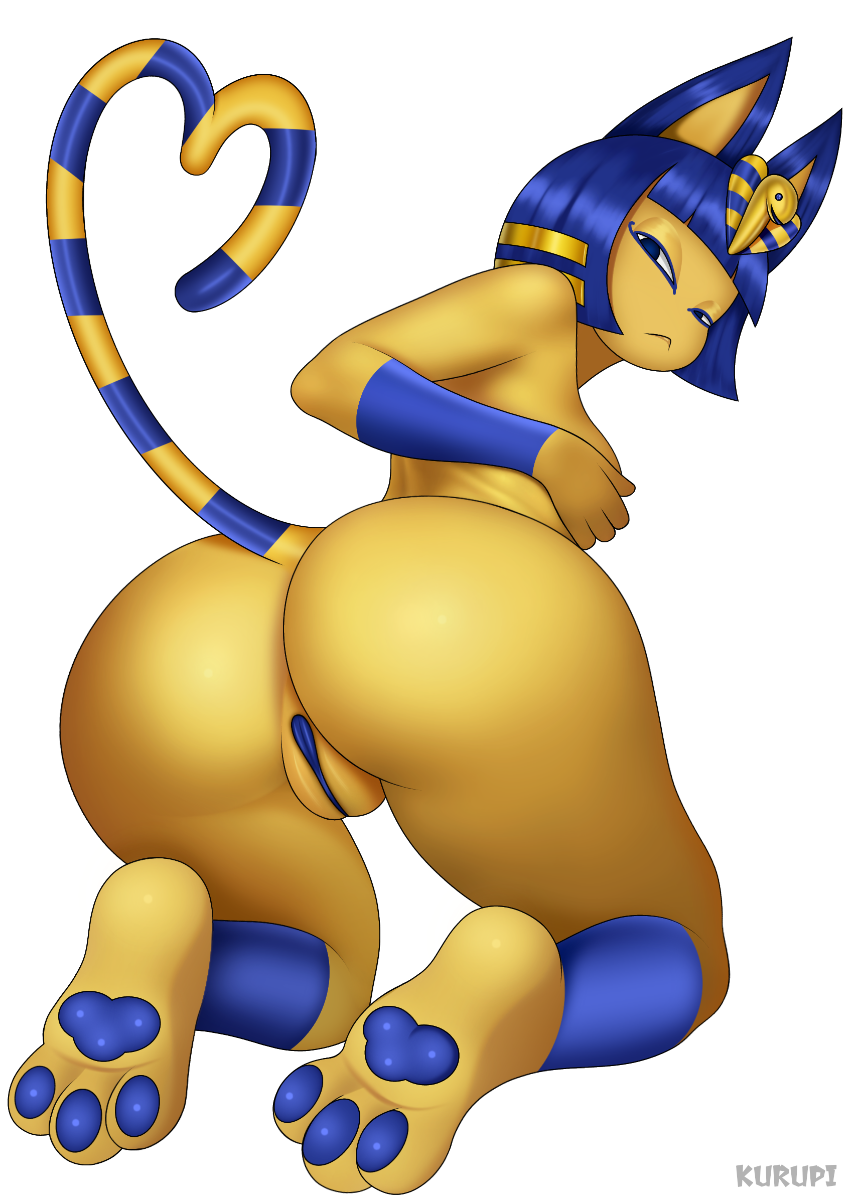 3 toes, animal crossing, ankha, anthro, ass, ass focus, blue body, blue eyes, blue fur, blue hair, breasts, bubble ass, bubble butt, cat ears, cat girl, cat tail, catgirl, covered nipples, covering, covering breasts, egyptian, female, gold, gold (metal), gold jewelry, heart tail, heart-shaped tail, huge ass, kurupi (artist), legwear, nintendo, paws, pussy, stripes, thick, thick ass, thick hips, thick legs, thighs, vagina, yellow body, yellow fur