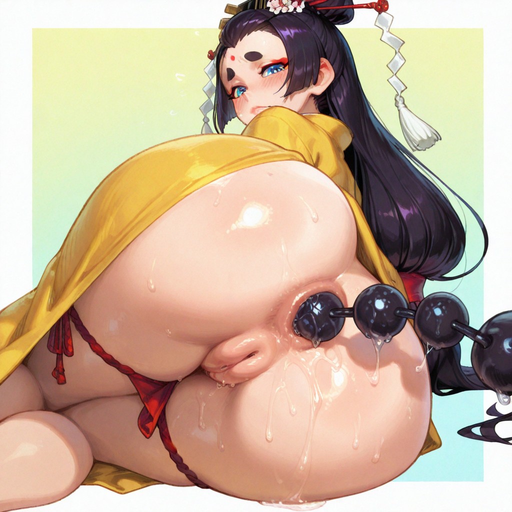 ai generated, anal, anal beads, anal object insertion, anal sex, ass, ass focus, bangs, blonde hair, blush, closed eyes, eyebrows visible through hair, fake tail, female, from behind, geisha, hair between eyes, huge, japanese clothes, japanese clothing, japanese female, lion ears, long hair, lying, nude, object insertion, on side, pussy, racoon242, sex toy, solo, solo focus, straight, tagme, tail, thighs