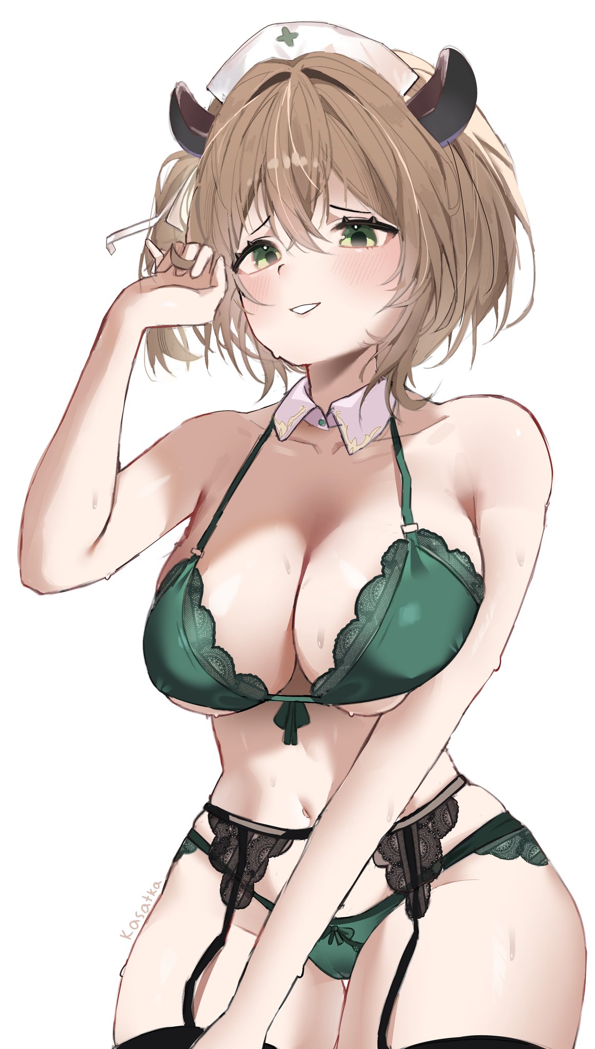 1girls, 2d, 2d (artwork), alternate costume, animal ears, artist request, big breasts, bra, breasts, cleavage, fanart, fanart from twitter, female, female focus, female only, front view, green bra, green eyes, green lingerie, green thong, high resolution, highres, hourglass figure, indie virtual youtuber, light skin, light-skinned female, lingerie, looking at viewer, nimi nightmare, sexy, short hair, simple background, slim female, smiling, smiling at viewer, solo, solo female, solo focus, tapir ears, tapir girl, thighhighs, thong, virtual youtuber, vtuber, vtuberfanart, white background, young, younger female