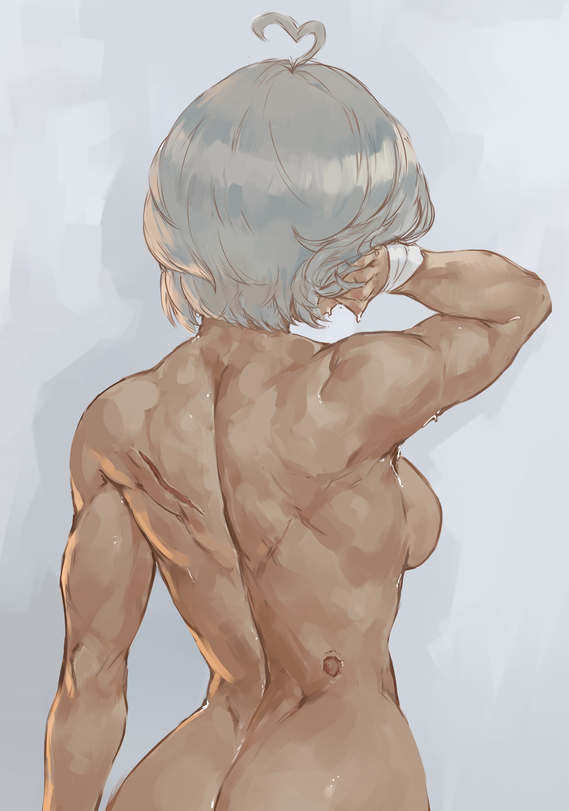 albino, back, back view, breasts, buddy (buddies), female, muscular, sideboob, silver hair, sweaty, tezy8art, tomboy