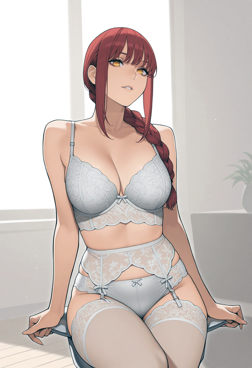 1girls, ai generated, chainsaw man, female, garter belt, lingerie, makima (chainsaw man), red hair, solo, thighhighs, white bra, white lingerie, white panties, white thighhighs, yellow eyes, zloimakak