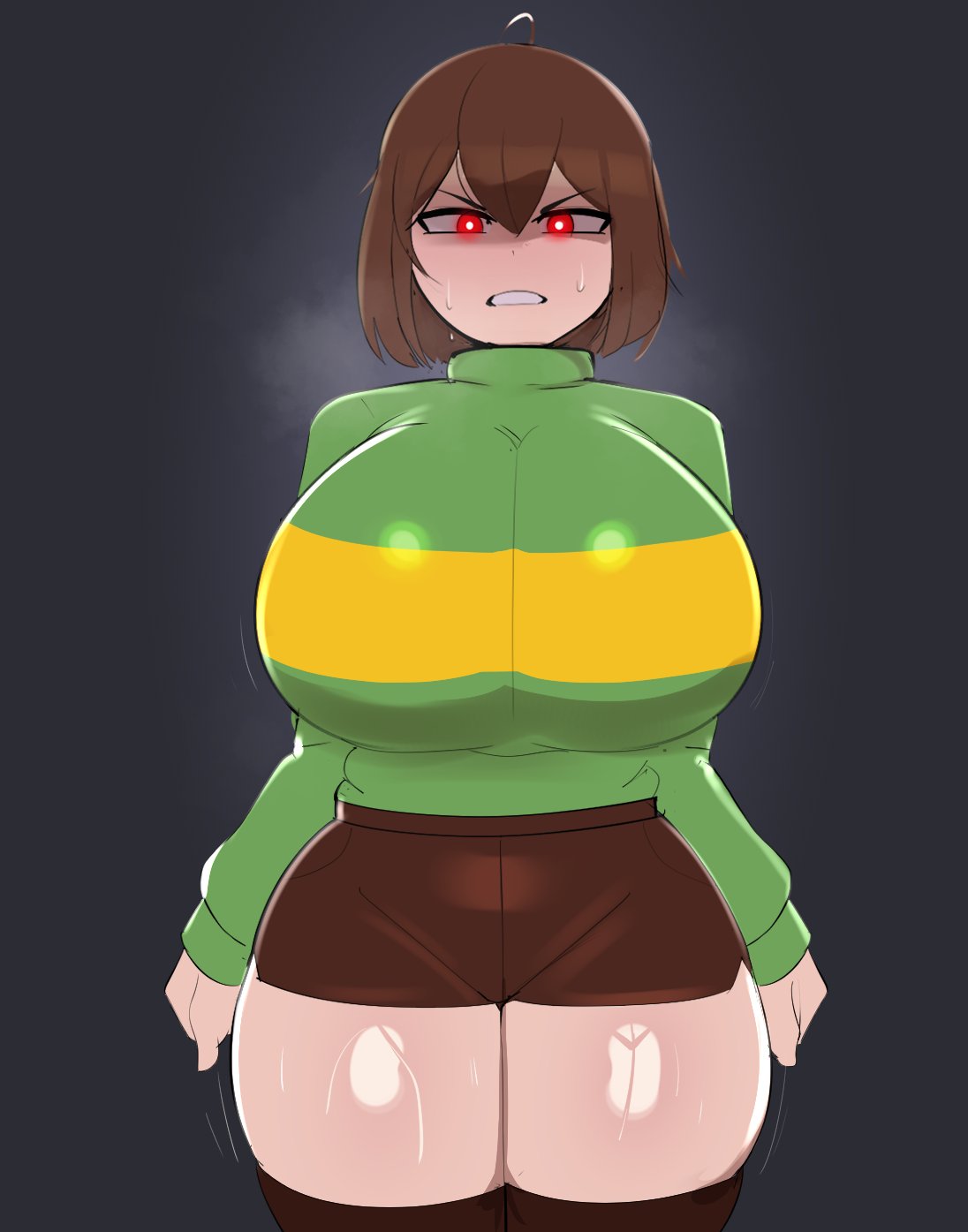 1female 1girls aged_up big_breasts breasts chara clothing dripping front_view g3mma grumpy human large_breasts light-skinned_female light_skin looking_at_viewer musk red_eyes solo stripes sweat thick_thighs thunder_thighs undertale