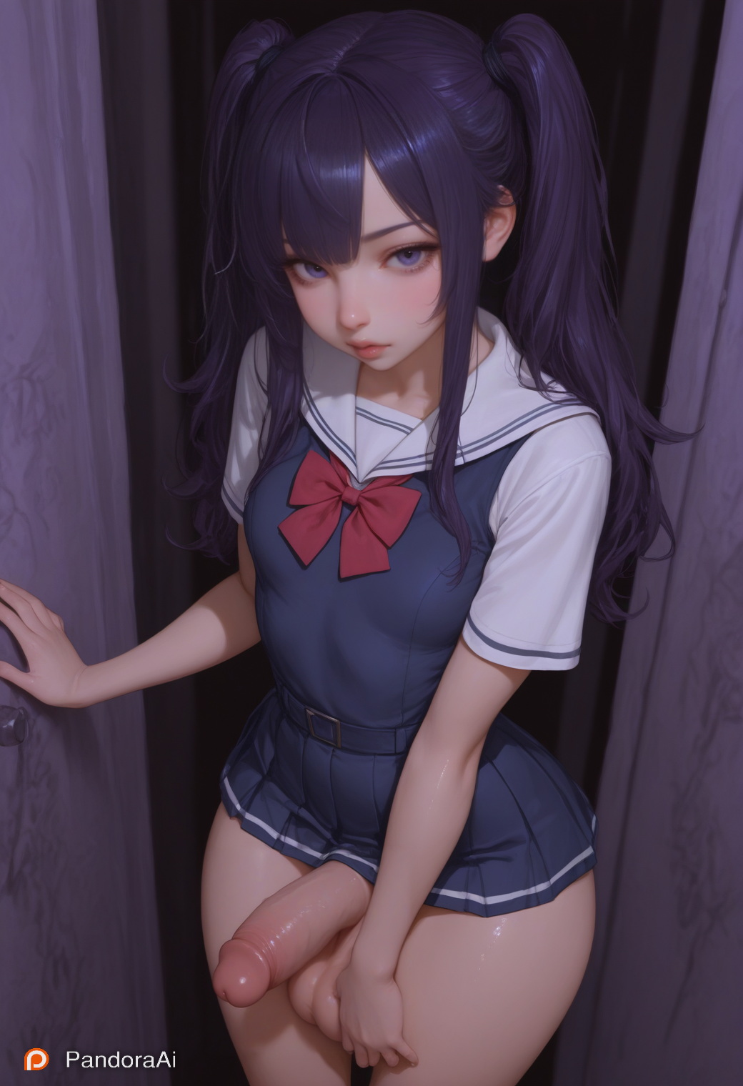 1boy, ai generated, balls, black hair, club, cute face, femboy, graffiti, huge cock, male, neon lights, pandora, penis, puffy lips, restroom, school uniform, skirt, thick thighs, twintails