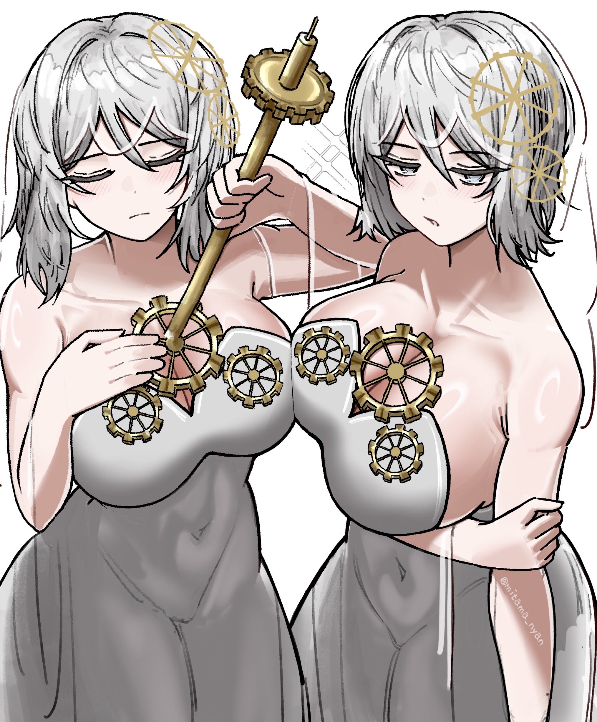 1girls, 2026, bare arms, bare shoulders, big breasts, breasts, closed eyes, closed mouth, clothed, clothing, color, colored, digital media (artwork), dress, faust (limbus company), female, female only, genius, grey hair, hair, hi res, large breasts, light skin, light-skinned female, limbus company, looking away, medium hair, mitama nyan, open mouth, project moon, see-through, see-through clothing, simple background, solo, white background