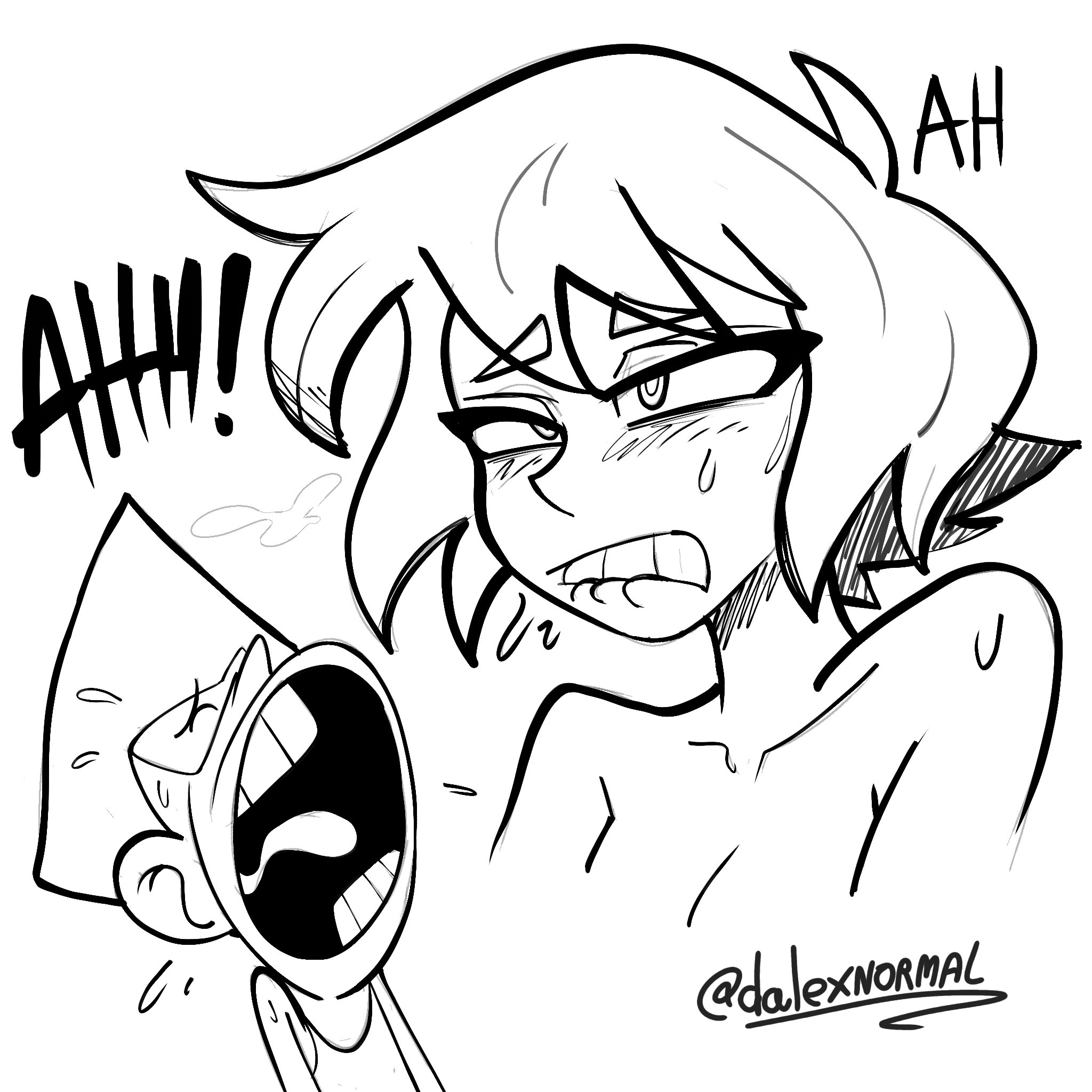 2025, 2girls, artist name, biting lip, black and white, blush, brad buttowski, cartoon network, clenched teeth, dalexnormal, dnormal11, duo, female, female only, gem (species), hair, implied sex, lapis lazuli (steven universe), meme, open mouth, peridot (steven universe), steven universe, sweat, t-shirt, teeth, text, yelling