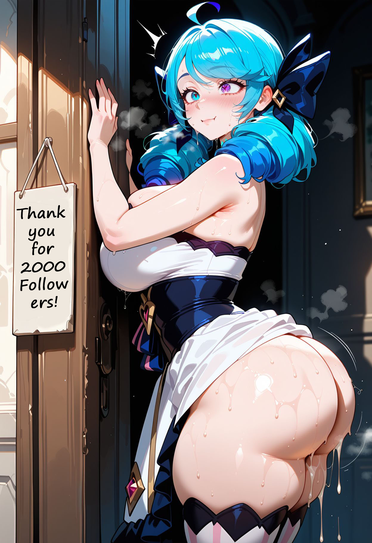 1girls, ahoge, ai generated, ass, ass focus, bangs, bare shoulders, black bow, blue eyes, blue hair, blush, bow, breasts, closed mouth, clothing, cum, dress, dress lift, drill hair, english text, female, female only, from behind, green eyes, green hair, gwen (league of legends), hair ornament, hair ribbon, hairbow, heterochromia, huge ass, huge breasts, indoors, jennieart02, large breasts, league of legends, legwear, light-skinned female, long hair, looking back, patreon, patreon logo, patreon username, ribbon, semen, shiny skin, skindentation, smile, solo, standing, stray pubic hair, striped, striped thighhighs, sweat, thick thighs, thighhighs, thighs, trembling, twin drills, twintails, twitter, twitter username, watermark, white dress