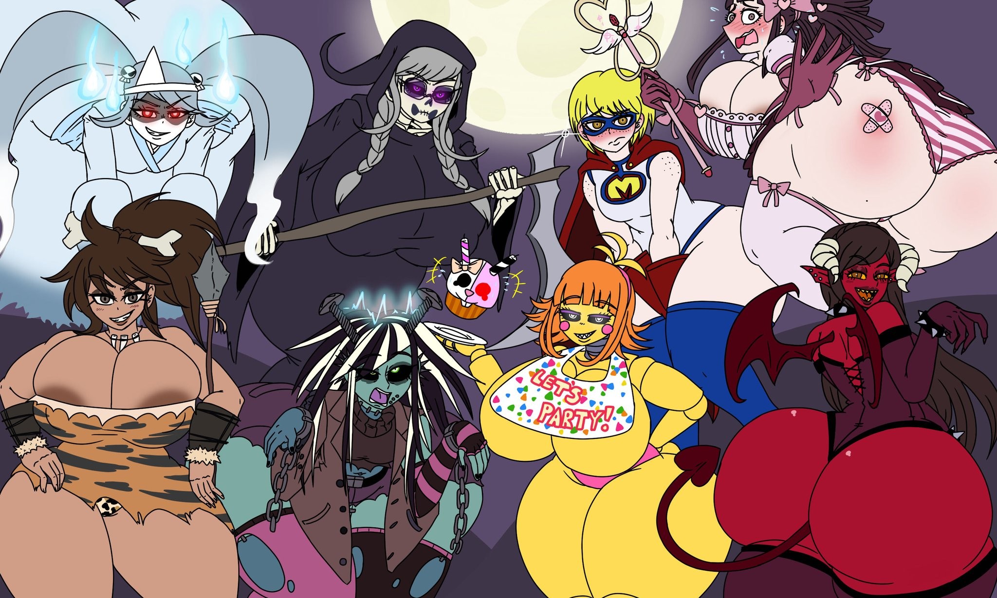 8girls, big ass, big breasts, cosplay, costume, danganronpa, danganronpa 2: goodbye despair, halloween, halloween costume, huge ass, huge breasts, koizumi mahiru, massive ass, massive thighs, mioda ibuki, mr.lewd, nanami chiaki, owari akane, pekoyama peko, saionji hiyoko, sonia nevermind, toy chica (cosplay), tsumiki mikan, wide hips