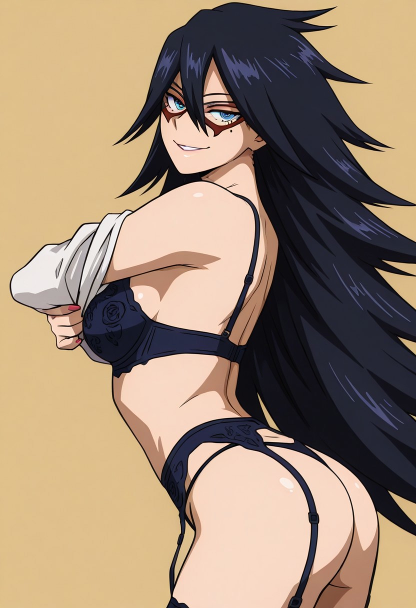 ai generated, ass, black bra, black clothes, black hair, black legwear, black panties, black thighhighs, black underwear, blue eyes, blush, bra, breasts, clothing, dominatrix, domino mask, etchigirls, female, female only, from behind, garter belt, garter straps, hair between eyes, lace, large breasts, legwear, lingerie, long hair, looking at viewer, looking back, mask, medium breasts, midnight (my hero academia), mole, mole under eye, my hero academia, nail polish, panties, pantsu, smile, solo, thighhighs, thighs, underwear, undressing, very long hair