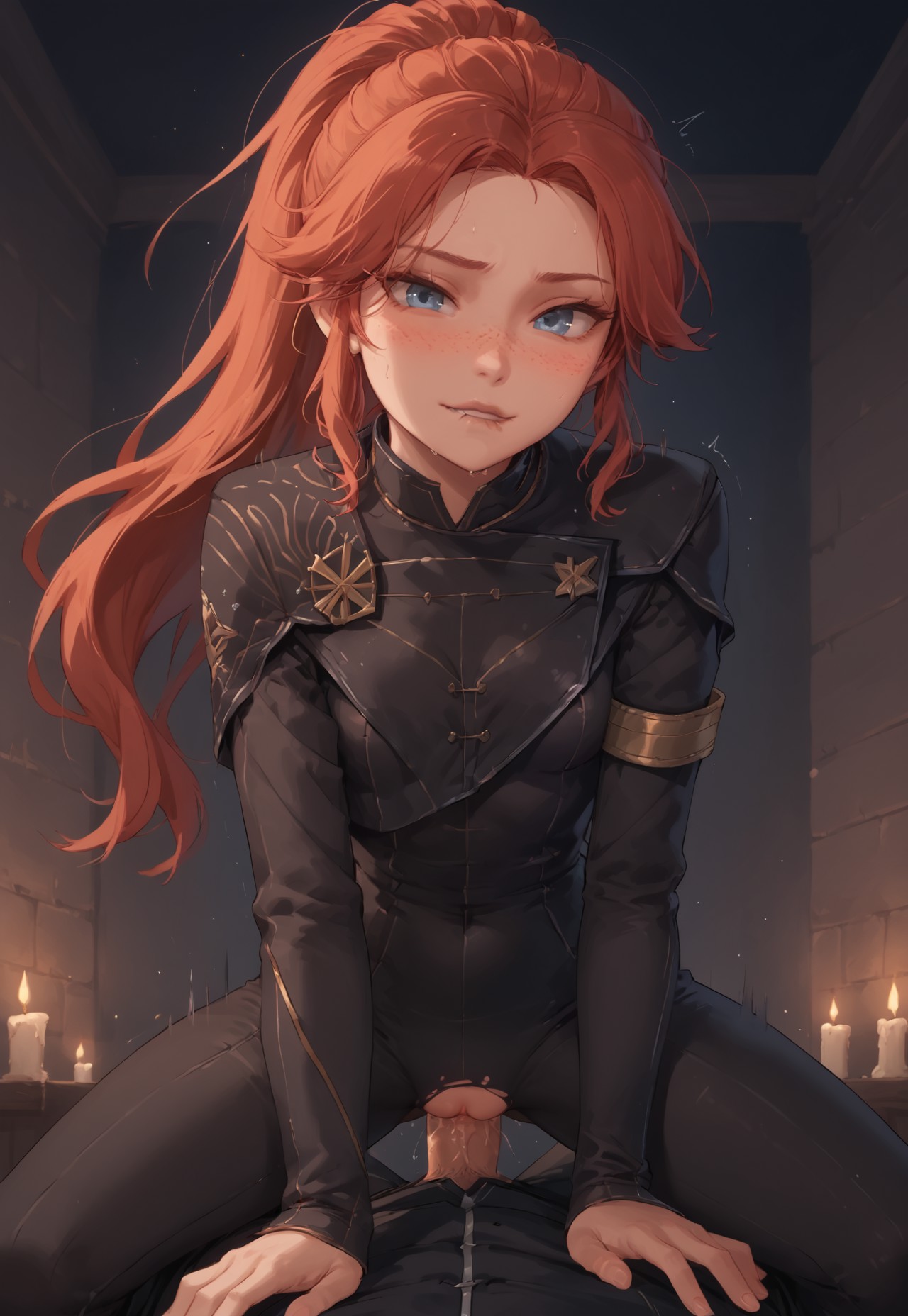 1boy, 1girls, ai generated, artist request, biting, blue eyes, blush, bodysuit, breasts, clair obscur: expedition 33, clenched teeth, clothed sex, cowgirl position, erection, female, female on top, hetero, lip biting, lips, long hair, long sleeves, looking at viewer, maelle (clair obscur: expedition 33), male, parted lips, penis, ponytail, pov, pussy, pussy juice, sex, small breasts, smile, solo focus, spread legs, straddling, torn clothes, uncensored, vaginal, vaginal penetration