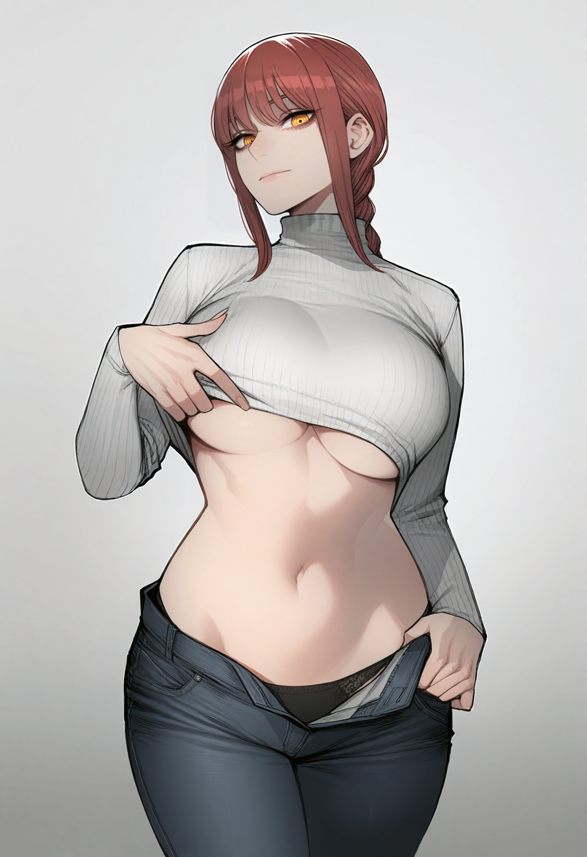 1girls, ai generated, blue pants, breasts, chainsaw man, female, makima (chainsaw man), midriff, pants, panty peek, red hair, solo, sweater, underboob, white sweater, yellow eyes, zloimakak
