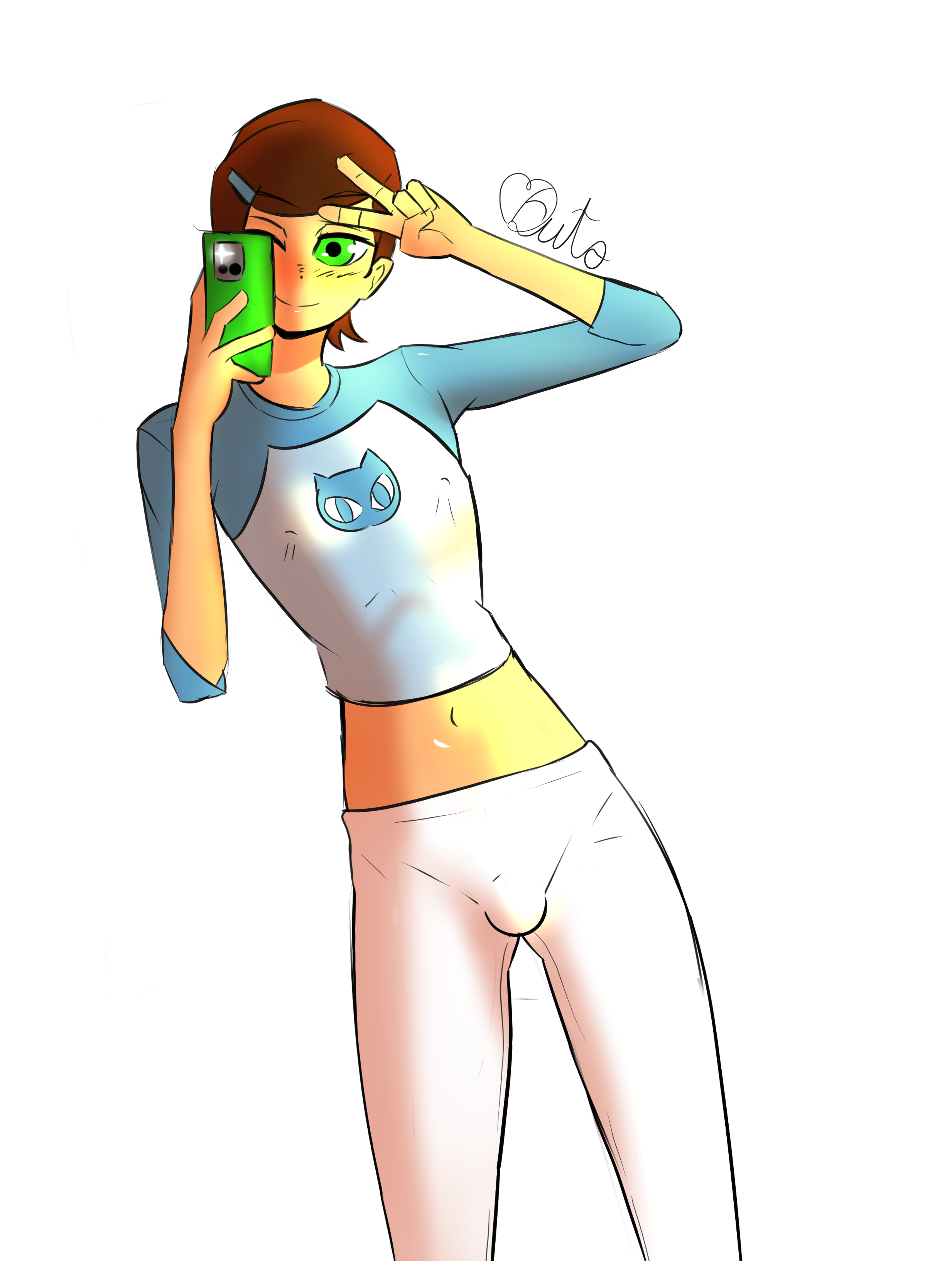 1boy, alternate hairstyle, autonomous, ben 10, ben 10 (classic), ben tennyson, blush, brown hair, bulge, bulge through clothing, bulge under clothes, clothes swap, cosplay, costume switch, crossplay, erect nipples, erect nipples under clothes, femboy, feminization, girly, green eyes, gwen tennyson, gwen tennyson (classic), gwen tennyson (cosplay), humiliation, impersonation, looking at viewer, male, nipples, otoko no ko, otokonoko, peace sign, penis, selfie, sissy, small penis, solo, trap