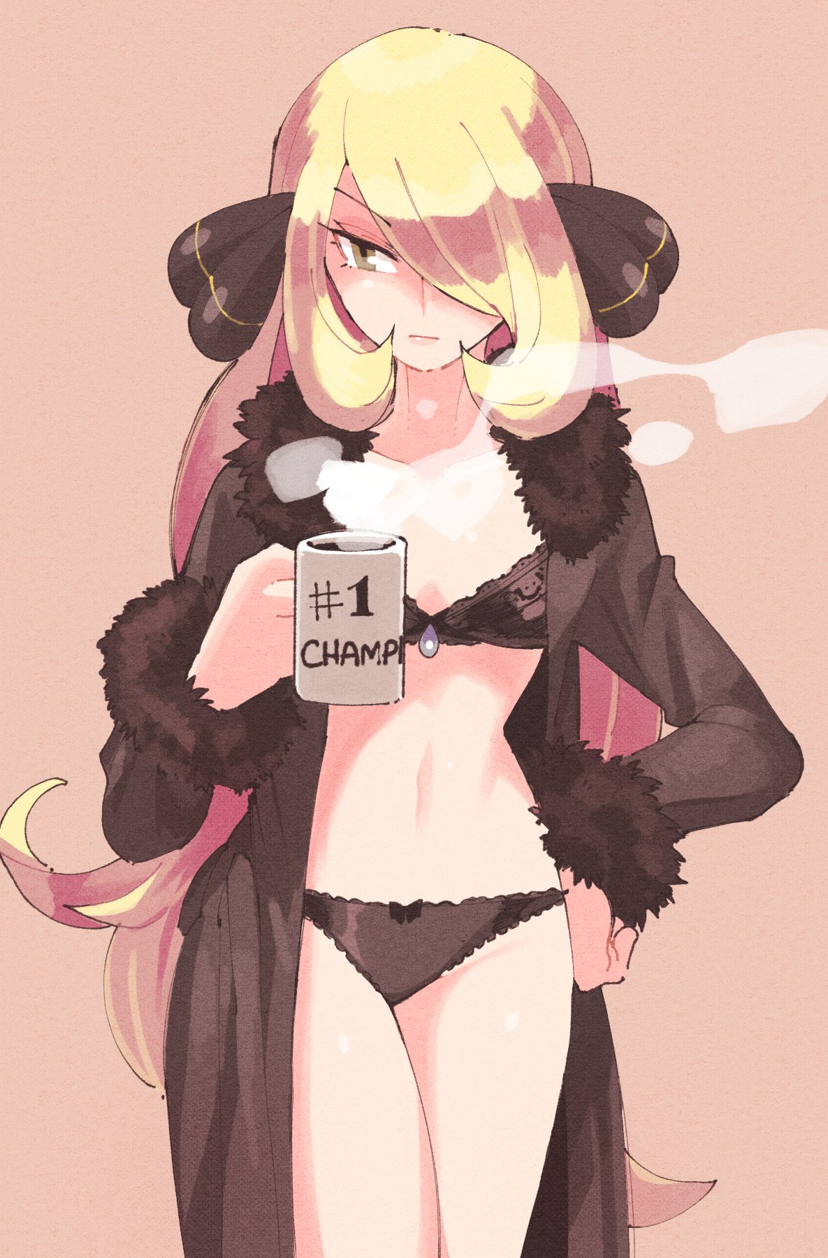 1girls, 2021, ass, black bra, black panties, black underwear, blonde female, blonde hair, blonde-haired female, bow panties, bra, breasts, casual, casual exposure, casual nudity, coat, coffee, coffee mug, cynthia (pokemon), english, english text, female, female focus, female only, fluffy coat, game freak, hair over one eye, hairclip, inkerton-kun, inkuusan, lace, lace trim, light skin, light-skinned female, lingerie, medium ass, medium breasts, medium thighs, mostly nude, mostly nude female, mug, nintendo, nude, nude female, panties, pokemon, pokemon dppt, solo, solo female, solo focus, text, thighs, underwear