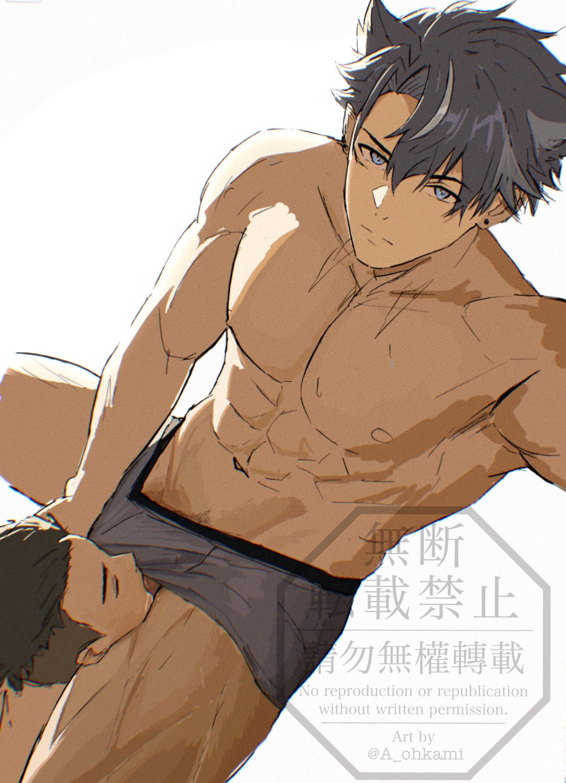 1boy, a ohkami, bara, gay, genshin impact, hoyoverse, male, male focus, male only, mihoyo, muscular, muscular male, wriothesley (genshin impact), yaoi