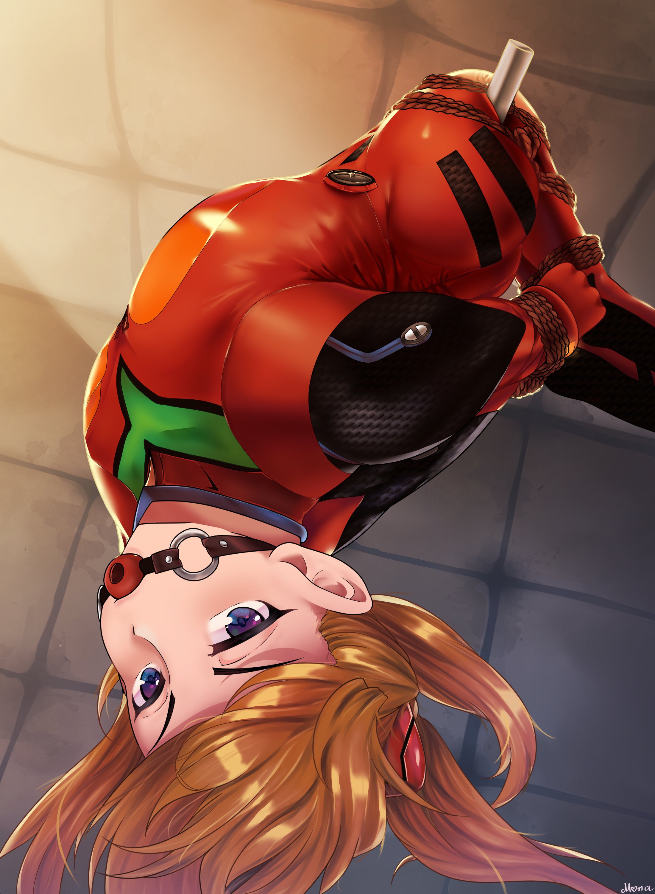 2d, 2d (artwork), arms behind back, ass, asuka langley sohryu, ball gag, bondage, bondage gear, bound, bound arms, bound legs, curvy, curvy female, curvy figure, drawfagmona, female, female focus, female only, femsub, fully clothed, gag, gagged, gagged female, human, human only, light skin, light-skinned female, long hair, looking at viewer, neon genesis evangelion, plugsuit, rope, solo, solo female, solo focus, suspended in midair, suspension, suspension bondage, tight clothing, upside-down