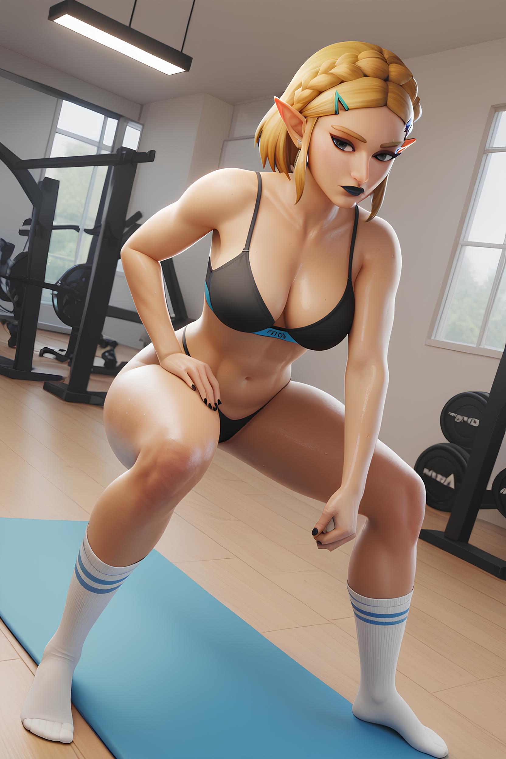 ai_generated black_bra black_eyeliner black_fingernails black_thong blonde_hair breath_of_the_wild elf female female_elf green_eyes hyrule_warriors nintendo princess_zelda pubic_hair socks sweaty the_legend_of_zelda the_legend_of_zelda:_breath_of_the_wild training workout yoga_mat zelda_(breath_of_the_wild)