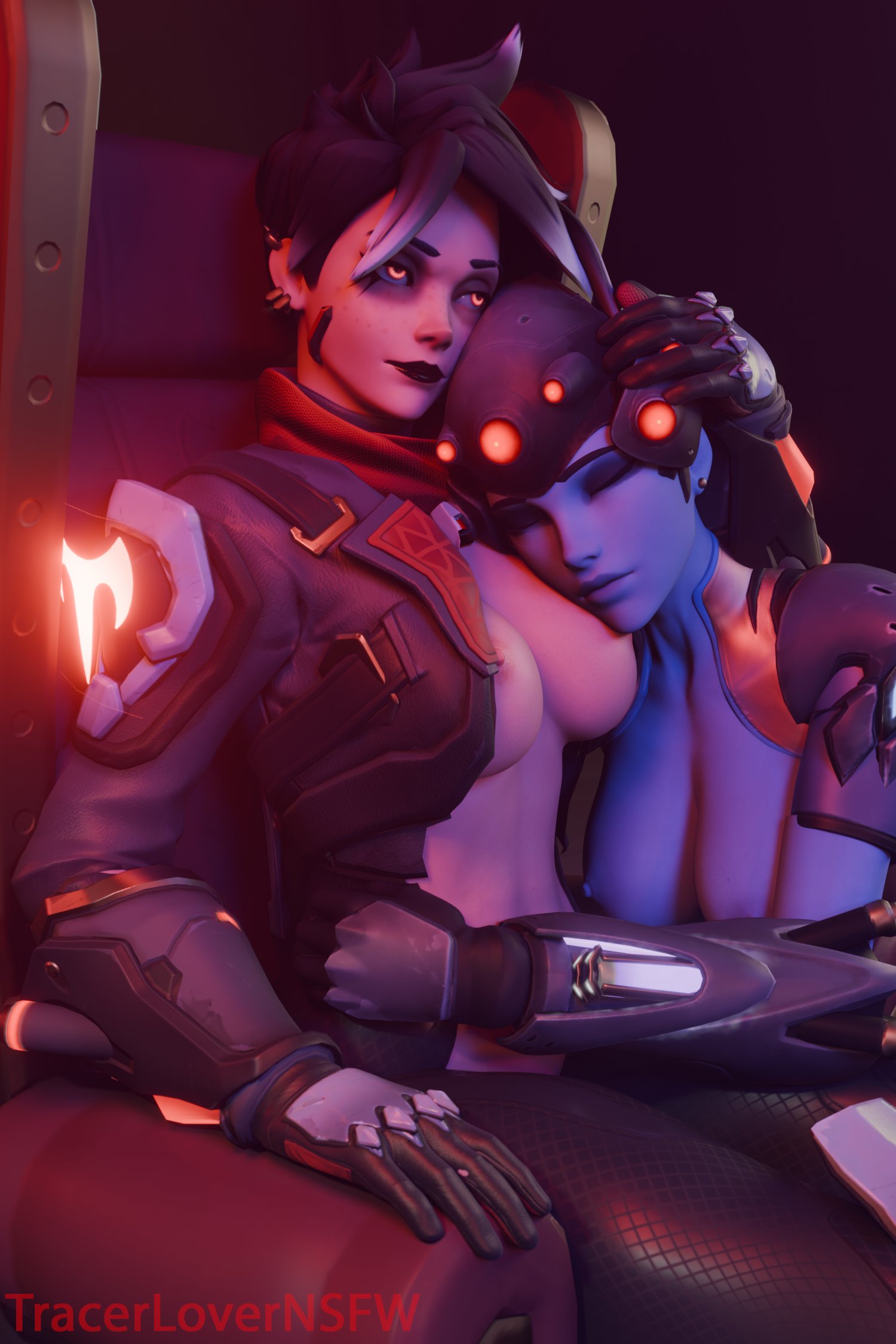 2girls, 3d, breasts, breasts out, cuddling, exposed breasts, eyes closed, female, half naked, holding partner, hugging, mirrorwatch, operative oxton, overwatch, overwatch 2, tracer, tracerlover, widowmaker, yuri