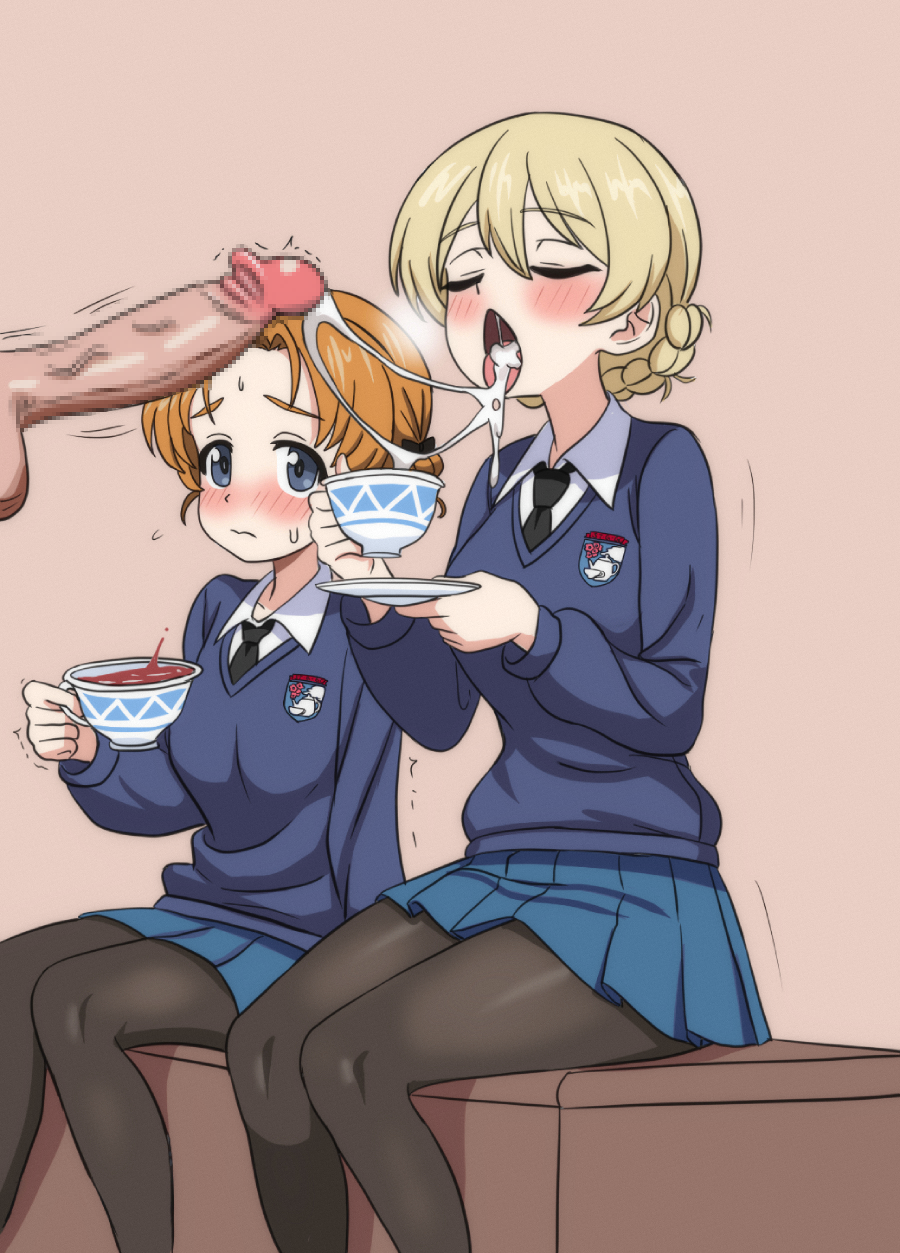 1boy 2girls black_pantyhose blue_eyes blue_skirt blue_sweater blush braid brown_background censored closed_eyes closed_mouth cum cum_in_mouth cum_string cup darjeeling ejaculation erection female girls_und_panzer gokkun highres hippo_power holding holding_cup male miniskirt mosaic_censoring multiple_girls nape_braid open_mouth orange_hair orange_pekoe pantyhose penis pleated_skirt school_uniform simple_background sitting skirt st._gloriana's_school_uniform straight sweater tea teacup tongue tongue_out