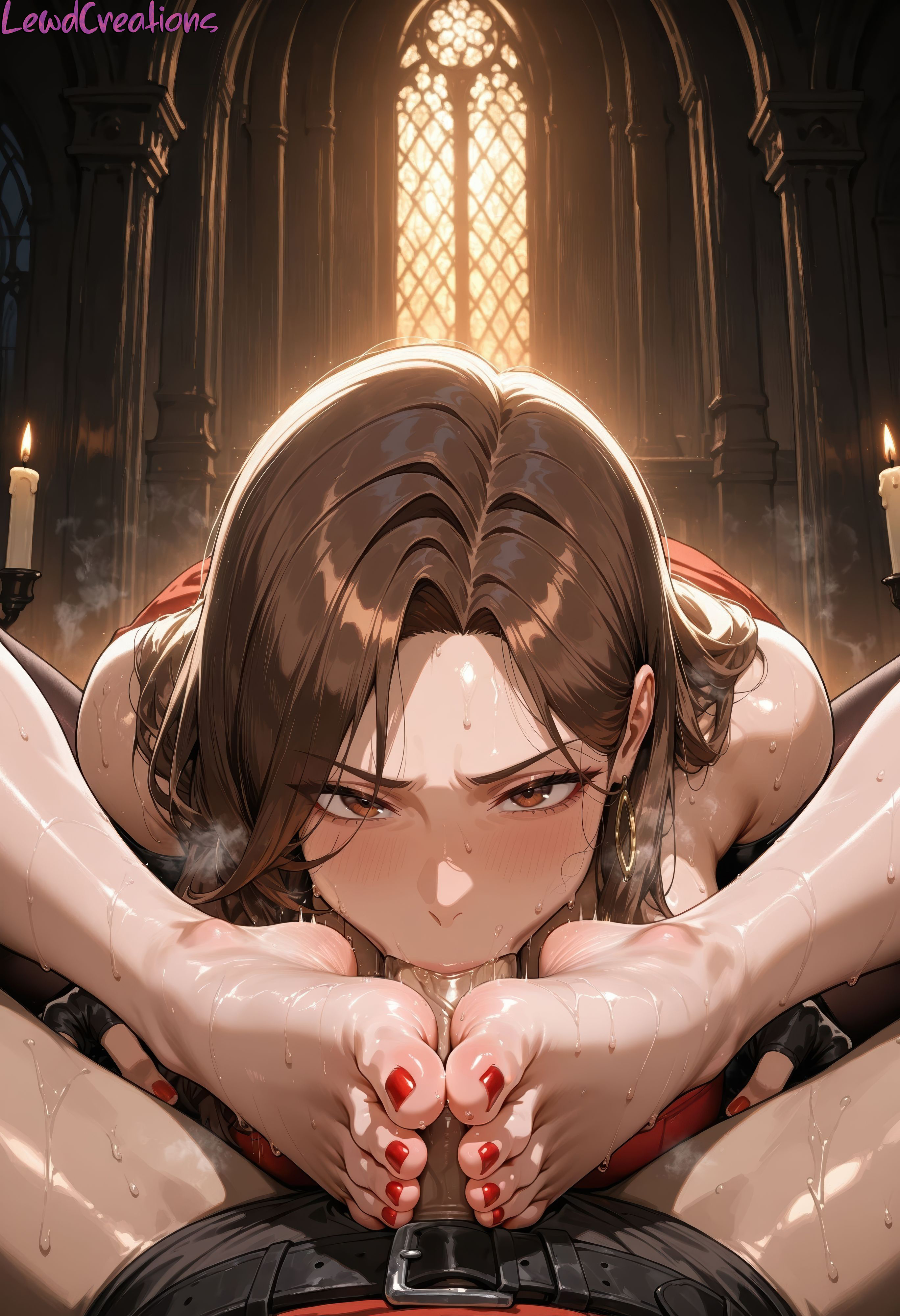1boy, 1girls, absurd res, ai generated, barefoot, big breasts, blaze fielding, blush, blush lines, breasts, brown eyes, brown hair, curvy, curvy figure, fellatio, female, flowjob, foot fetish, foot focus, foot worship, footjob, from below, high resolution, highres, lewdcreationsai, light skin, light-skinned female, male, painted toenails, penis, penis in mouth, pov, red toenails, red tubetop, soles, stable diffusion, steam, steaming body, steamy breath, sucking, sucking penis, sweat, sweatdrop, sweating, sweaty, sweaty foot, tagme, thick, thick legs, thick thighs, thighs, toenail polish, toes, tubetop, wrinkled soles, wrinkles