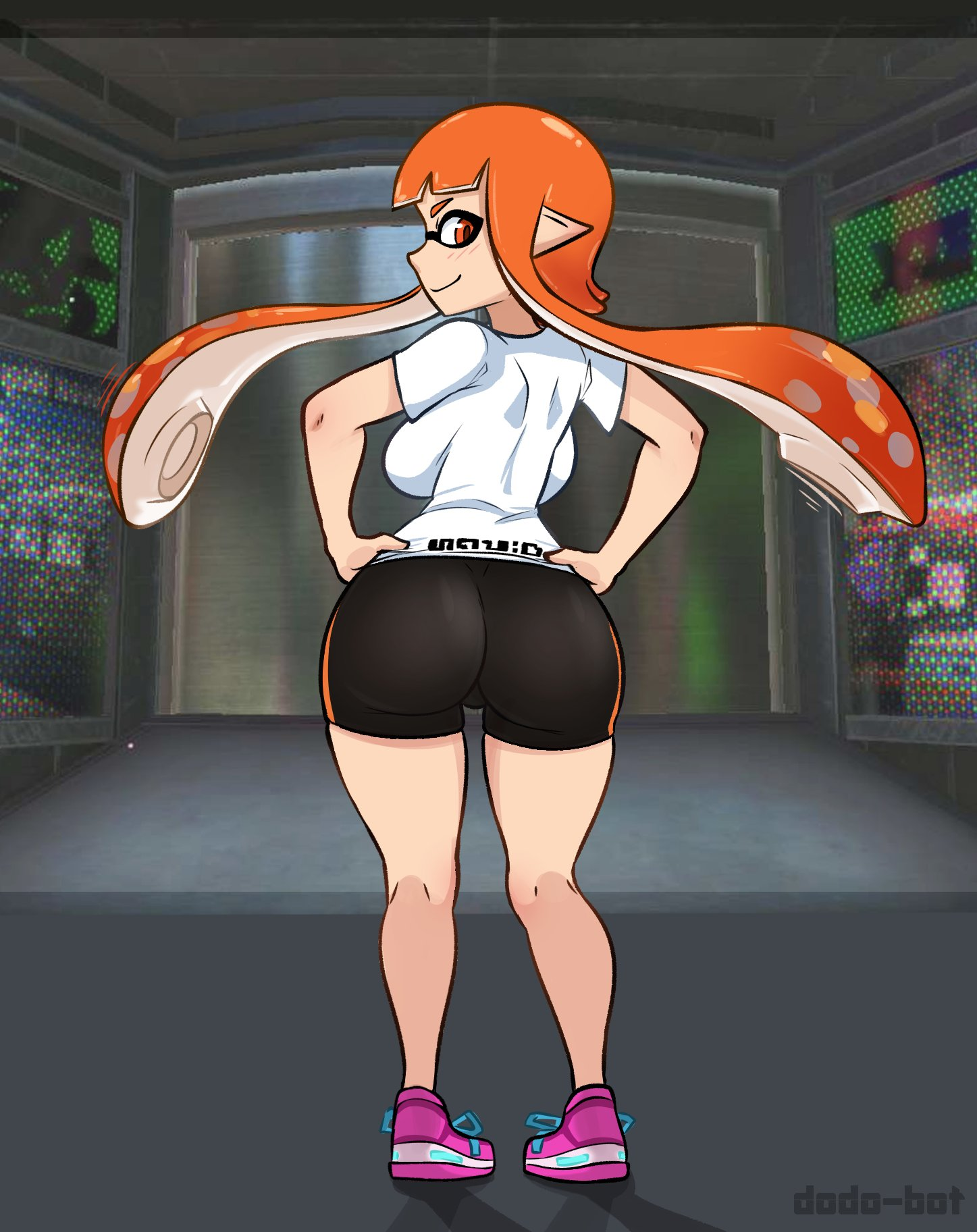 1girls, ass, ass focus, backboob, big ass, big breasts, breasts, busty, clothed, dodo-bot, fat ass, female, female only, inkling, inkling girl, kaori (splatoon), long hair, looking back, nintendo, orange eyes, orange hair, shorts, solo, splatoon, splatoon (series), splatoon 1, tentacle hair, thick thighs, white shirt, wide hips