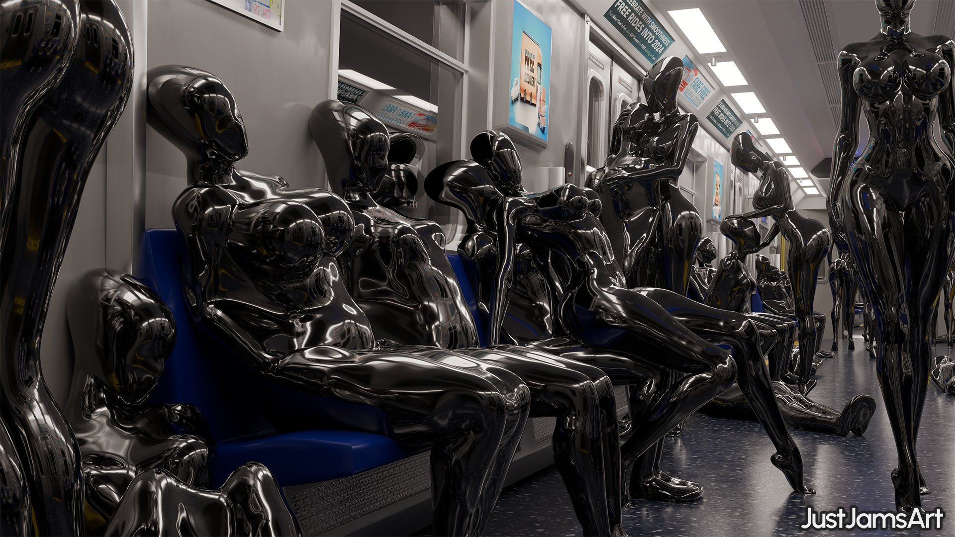 assimilation, curvy, curvy female, female, fetish, group, justjamsart, living latex, metro, public, sack, train, transformation