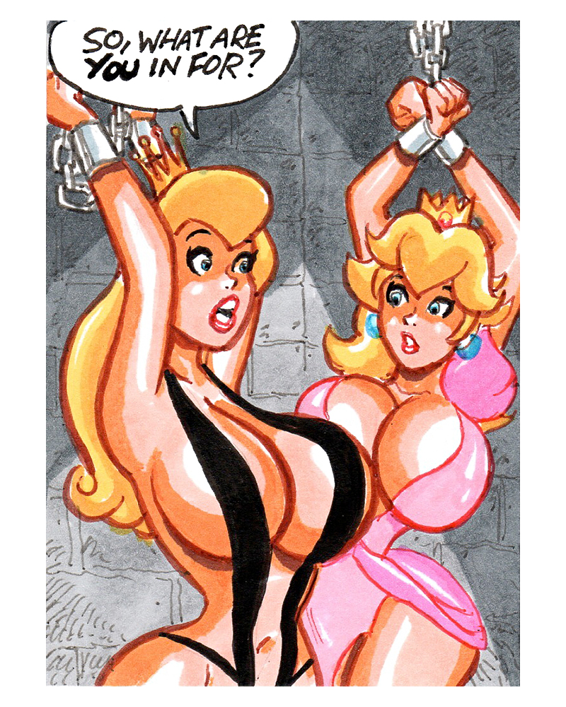 2025, 2girls, big breasts, blonde, blonde hair, blue eyes, busty, captive, captured female, captured heroine, chained up, cleavage, crown, curvy, dragon's lair, earrings, enslaved royal, gravhell, imprisonment, joe gravel, mario (series), nintendo, princess, princess daphne, princess peach, royal, royalty, sketch card, voluptuous, wrists restrained