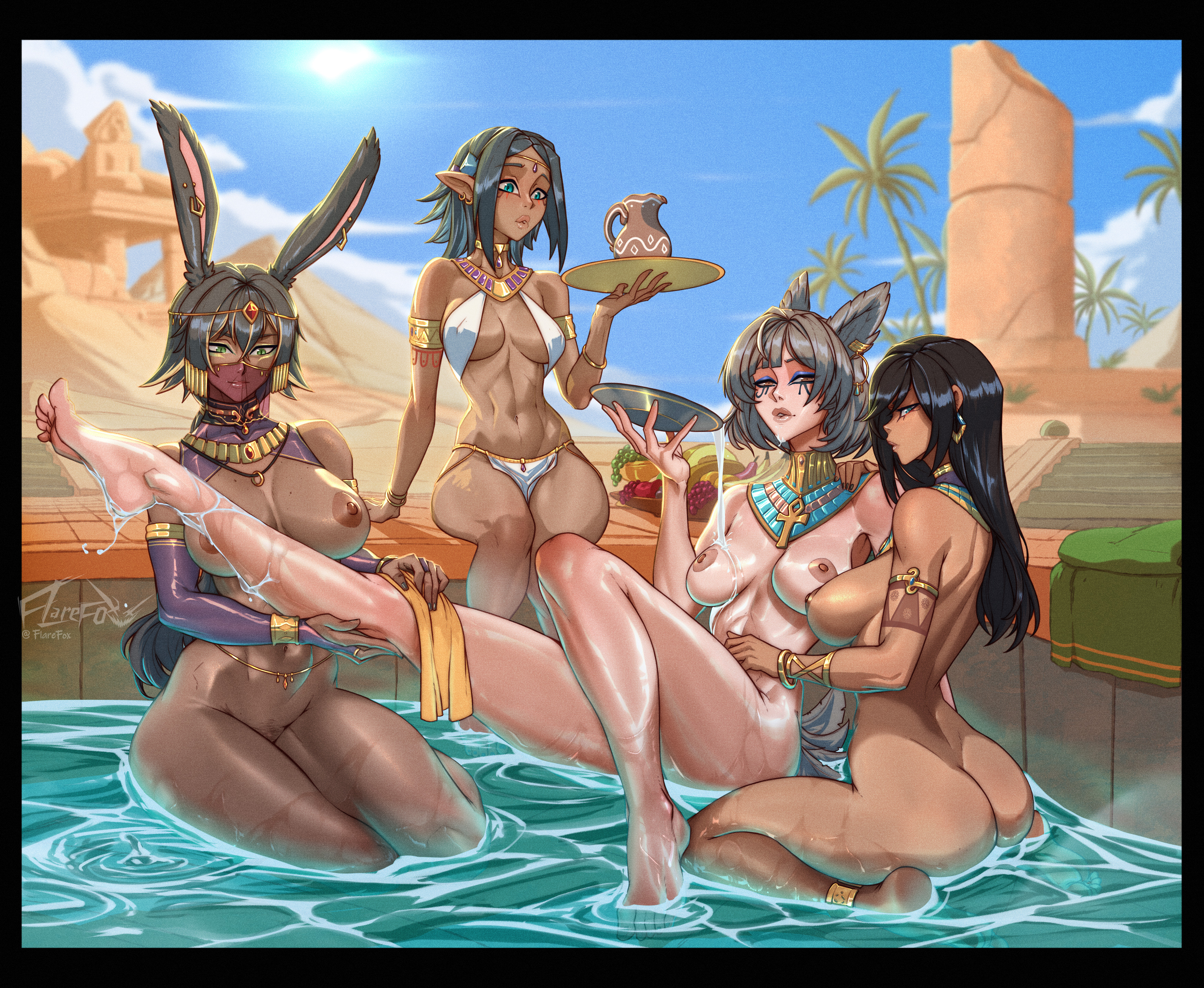 4girls, ankh, bath, bird girl, black hair, blue eyes, blue hair, brown skin, dirty blonde hair, duskwight, egyptian, egyptian clothes, elezen, elf, female, final fantasy xiv, flarefox, fruit, gold hair, golden eyes, green eyes, hyur, jewelry, makeup, naz rostram almasy, niran nakth, outdoor bathing, pale skin, pitcher, senna zelldana, spilled drink, tattoo, thyra kurama, viera, washing