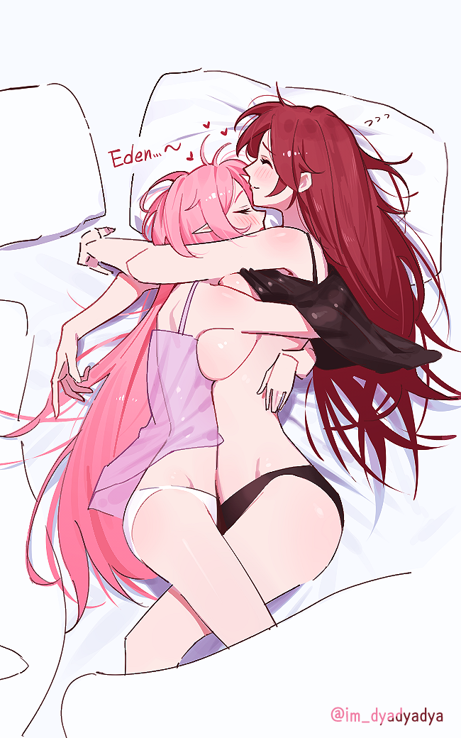 2girls bare_legs black_panties breasts breasts_out camisole character_name couple cuddling dyadyadya eden_(honkai_impact) elf elysia_(honkai_impact) hand_on_another's_back heart honkai_(series) honkai_impact_3rd hug huge_breasts long_hair lying multiple_girls on_bed on_side panties pillow pink_hair pointy_ears red_hair see-through_camisole see-through_clothes sleeping sleepy thighs twitter_username underwear white_panties wholesome yuri
