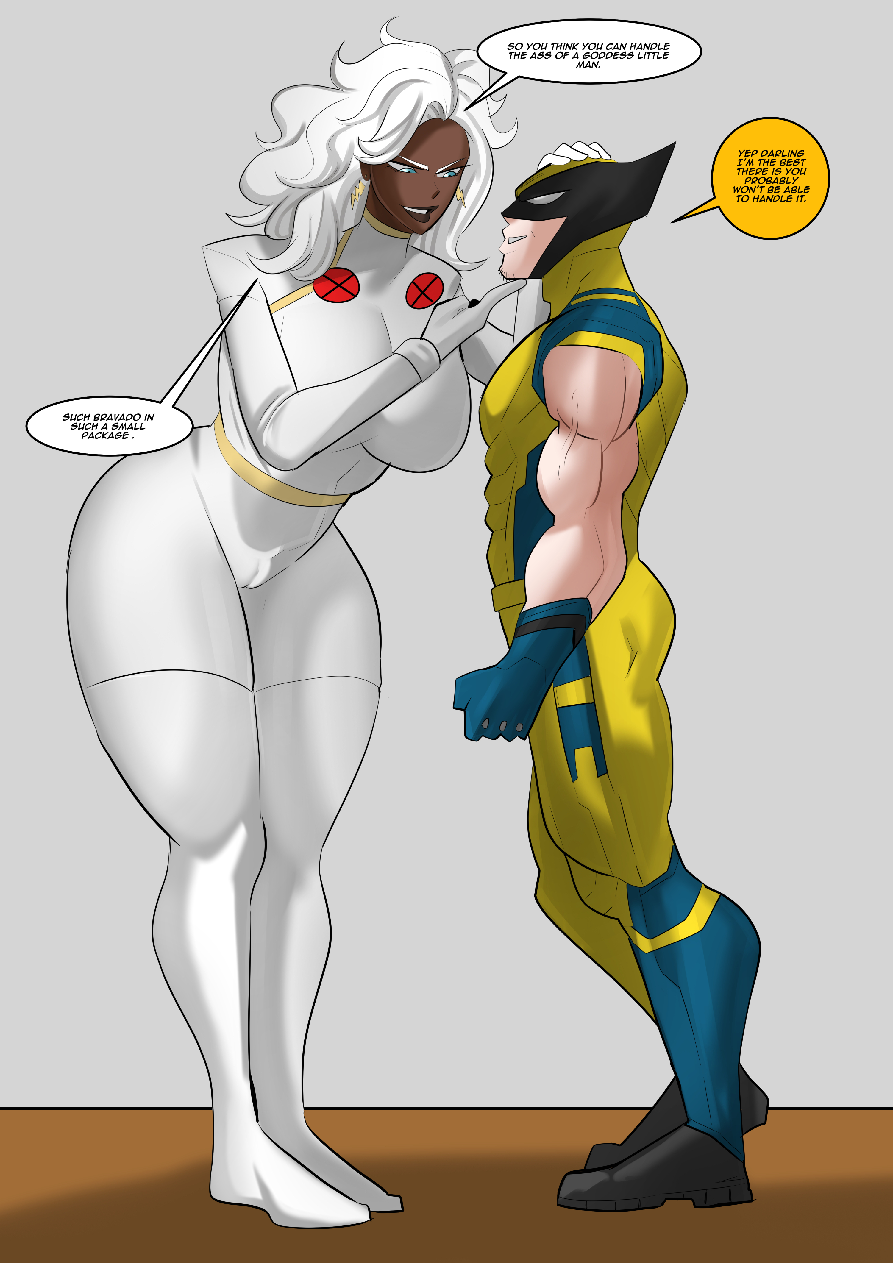 big breasts, breasts, cameltoe, dark skin, dark-skinned female, earrings, english text, female, goddess, hourglass figure, interracial, logan (x-men), looking down, male, marvel, marvel comics, muscular, muscular male, ororo munroe, pussy, short male, storm (x-men), sunpuppy, superhero, superheroine, thick thighs, venomarts00, white hair, wolverine (x-men), x-men, x-men: the animated series, zstorys22