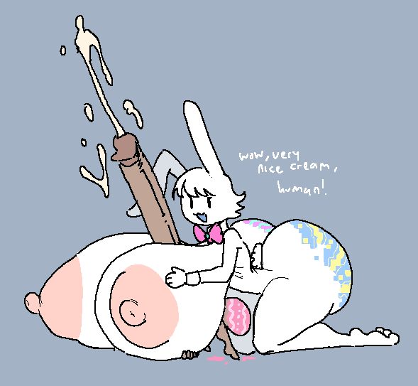 ass, balls, breasts, cum, easter, easter bunny, female, hand on breast, huge ass, huge balls, human, hyper, hyper penis, larger female, lewdicrousart, long penis, male, paint, paizuri, penis, rabbit, size difference, smaller male, text, very long penis